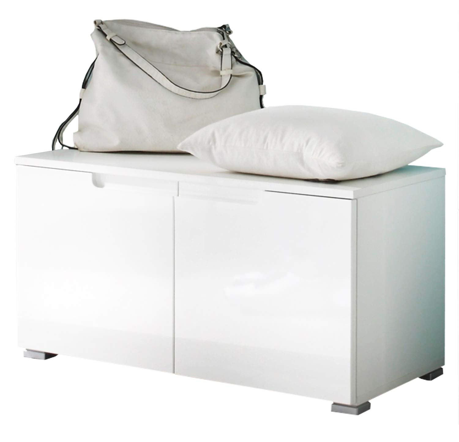 AVANTI TRENDSTORE - Spilla - Panchina guardaroba da ingresso elegante, in laminato di colore bianco lucido con corpo in bianco opaco. Dimensioni LxAxP ca. 80x43x40 cm
