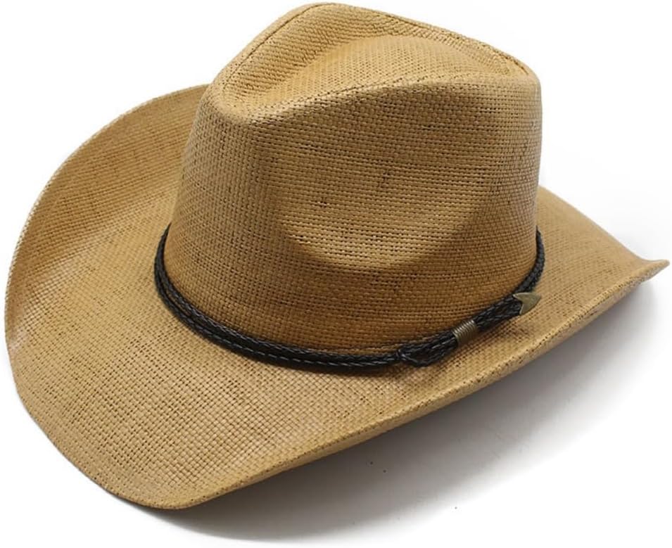 Western Cowboy Hat, Natural Straw, Braided Leather Band, Wide Brim