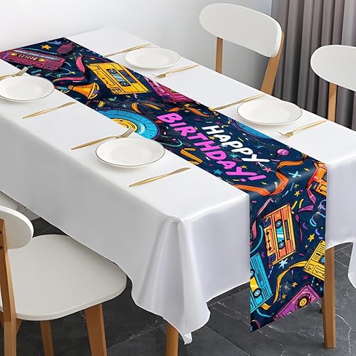 Miniatura 6 de JCJT Camino de mesa retro de cumpleaños, diseño de cassette neón de los años 80 y 90, poliéster, azul marino, rosa, amarillo, 70.86 x 13.78