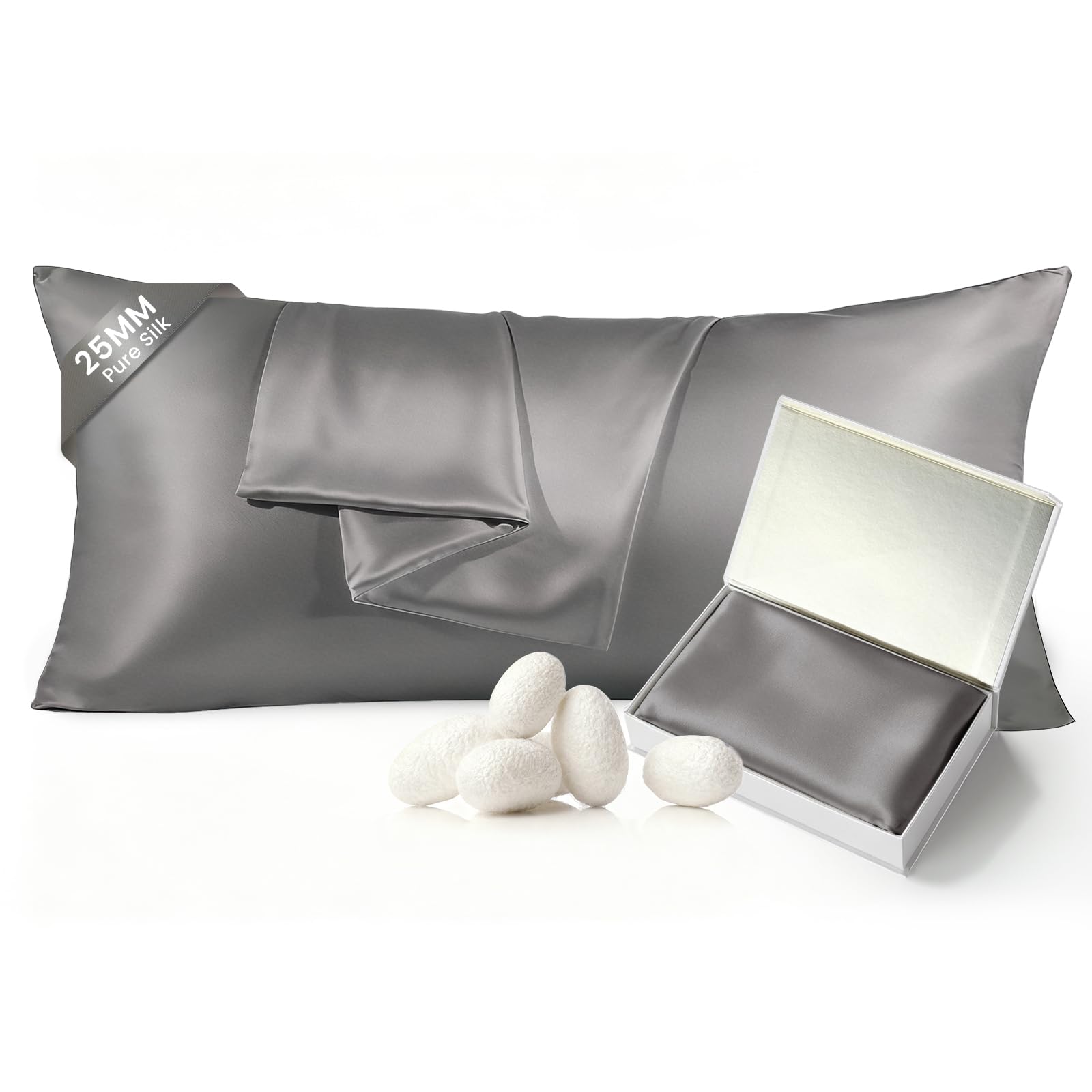 THXSILK 25 Momme 100% Mulberry Silk Pillowcase, Body Size Pillowcase, Grey