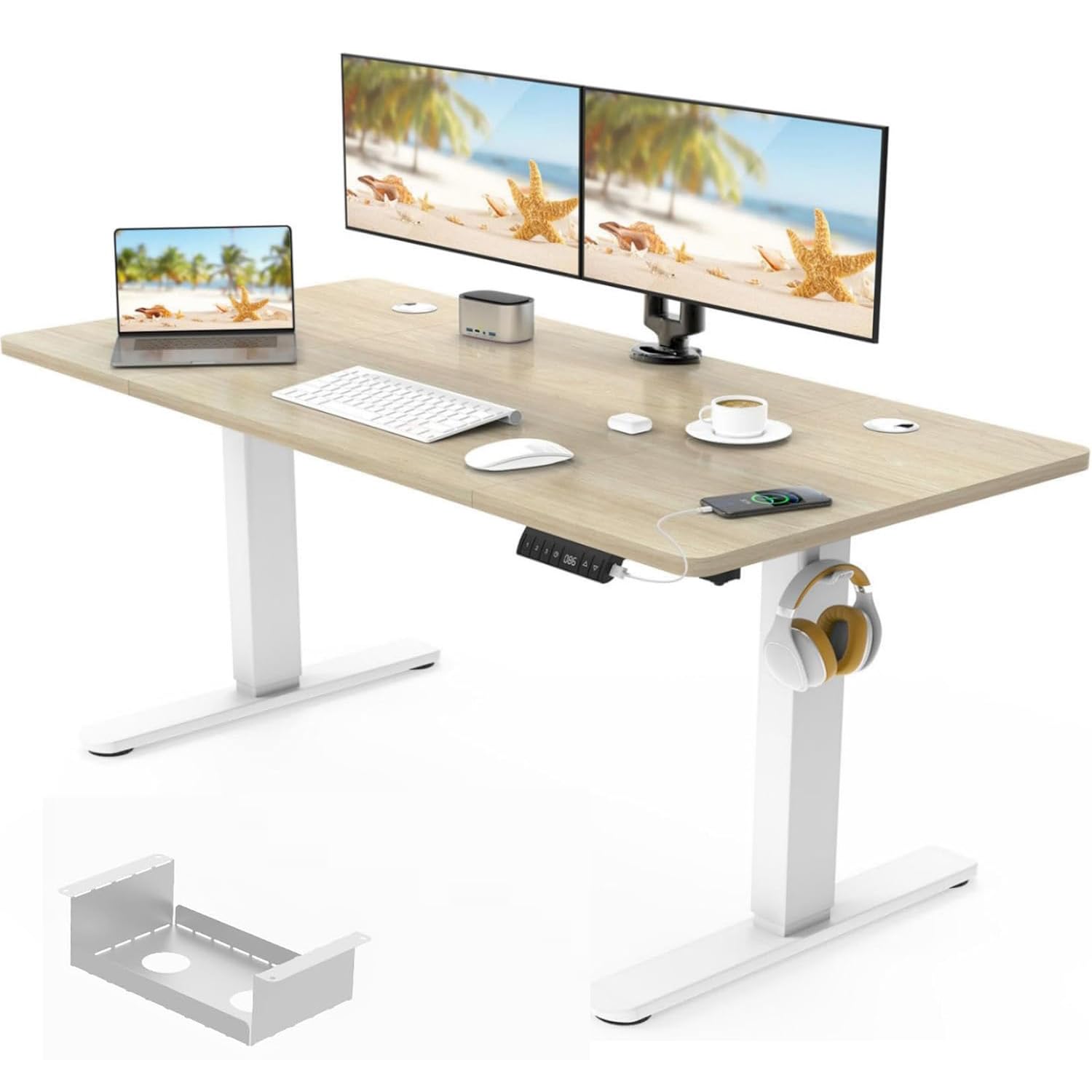 Devoko 140 x 70cm Electric Standing Desk with USB Charging Port (New Sedentary Reminder), Height Adjustable Standing Desk with Cable Tray, Small Sit Stand Desk for Home Office (beige)