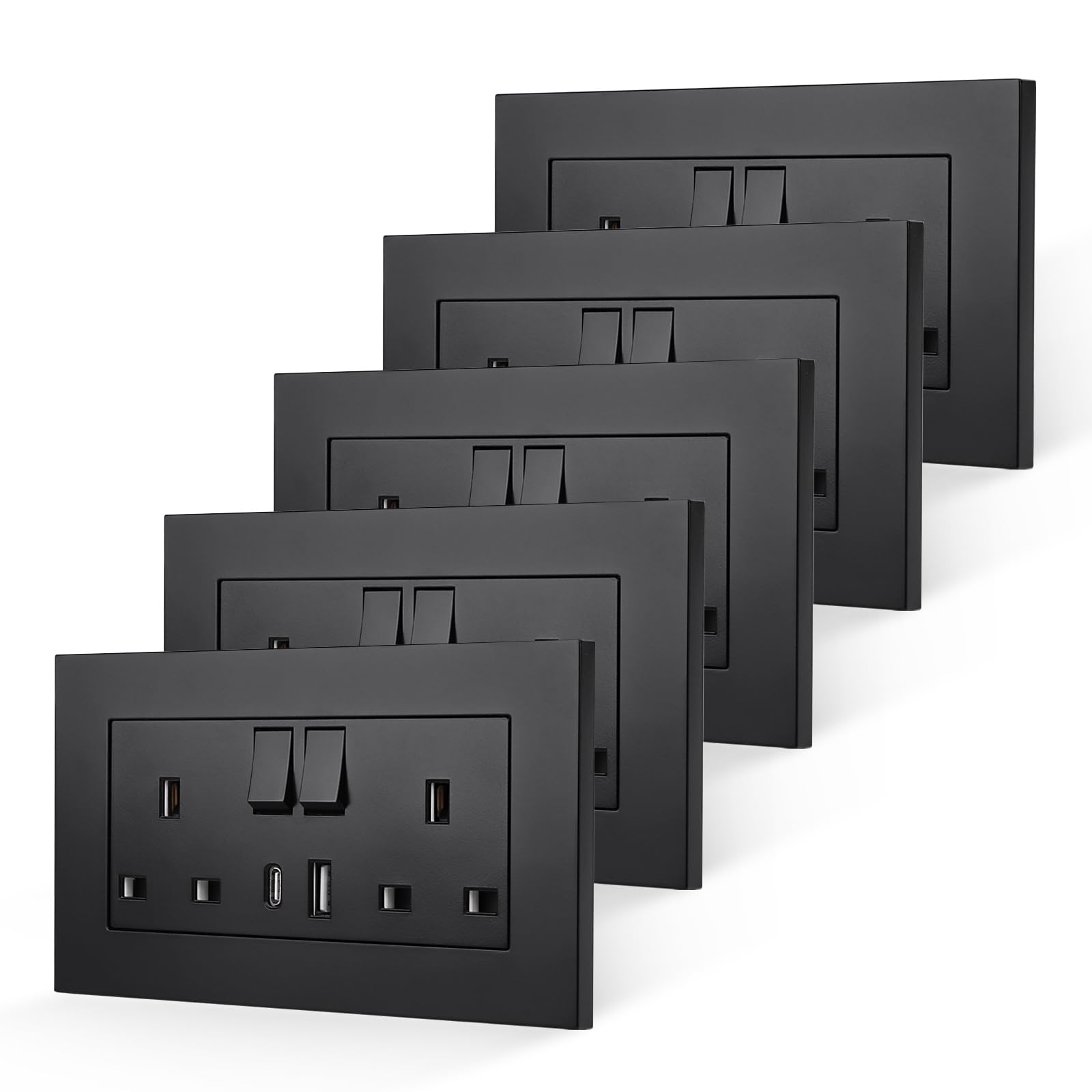 CNBINGO 5 Pack Double Socket with USB, Matt Black Plug Sockets with USB C Wall Outlet Electric Socket