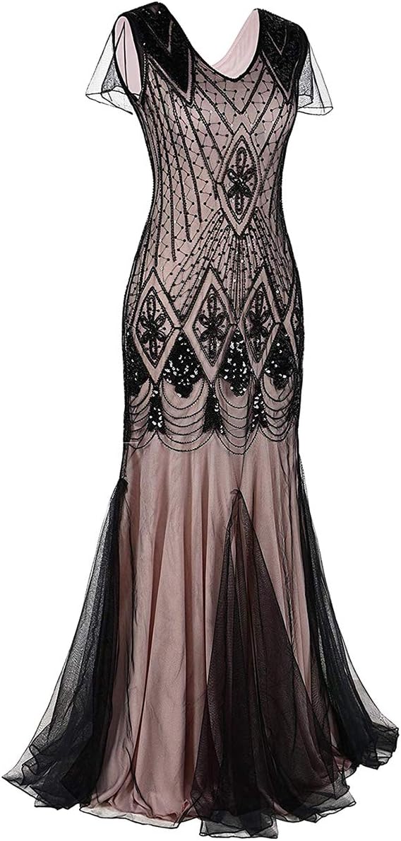 Women Vintage 1920s Gatsby Flapper Evening Party Dress V Neck Art Deco Sequins Mermaid Hem Cocktail Formal Long Maxi Gown - Image 2