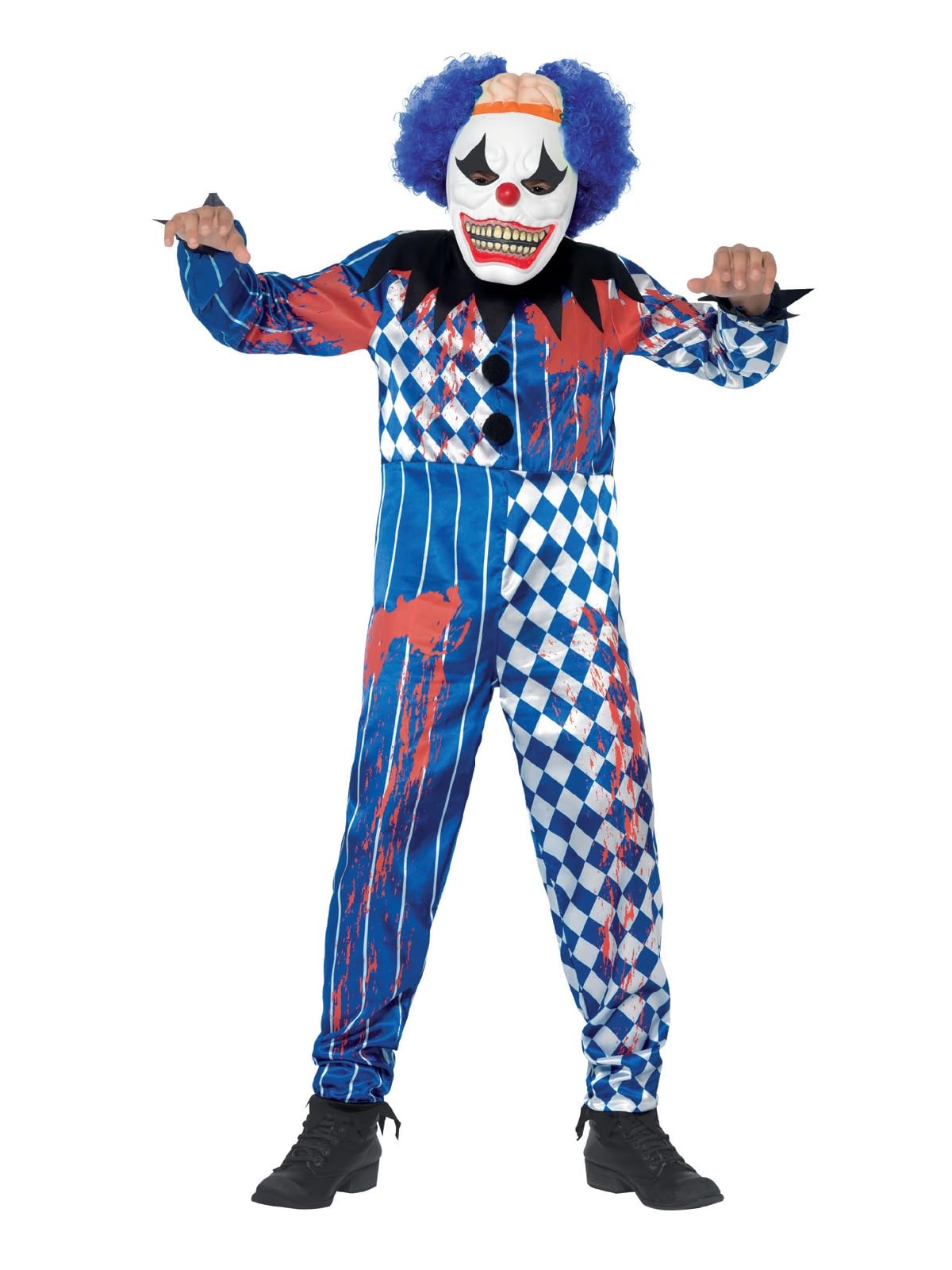 Smiffys Children's Deluxe Sinister Clown Costume, Jumpsuit, Mask, Attached Brain & Hair, Size: M, Colour: Blue, 44327
