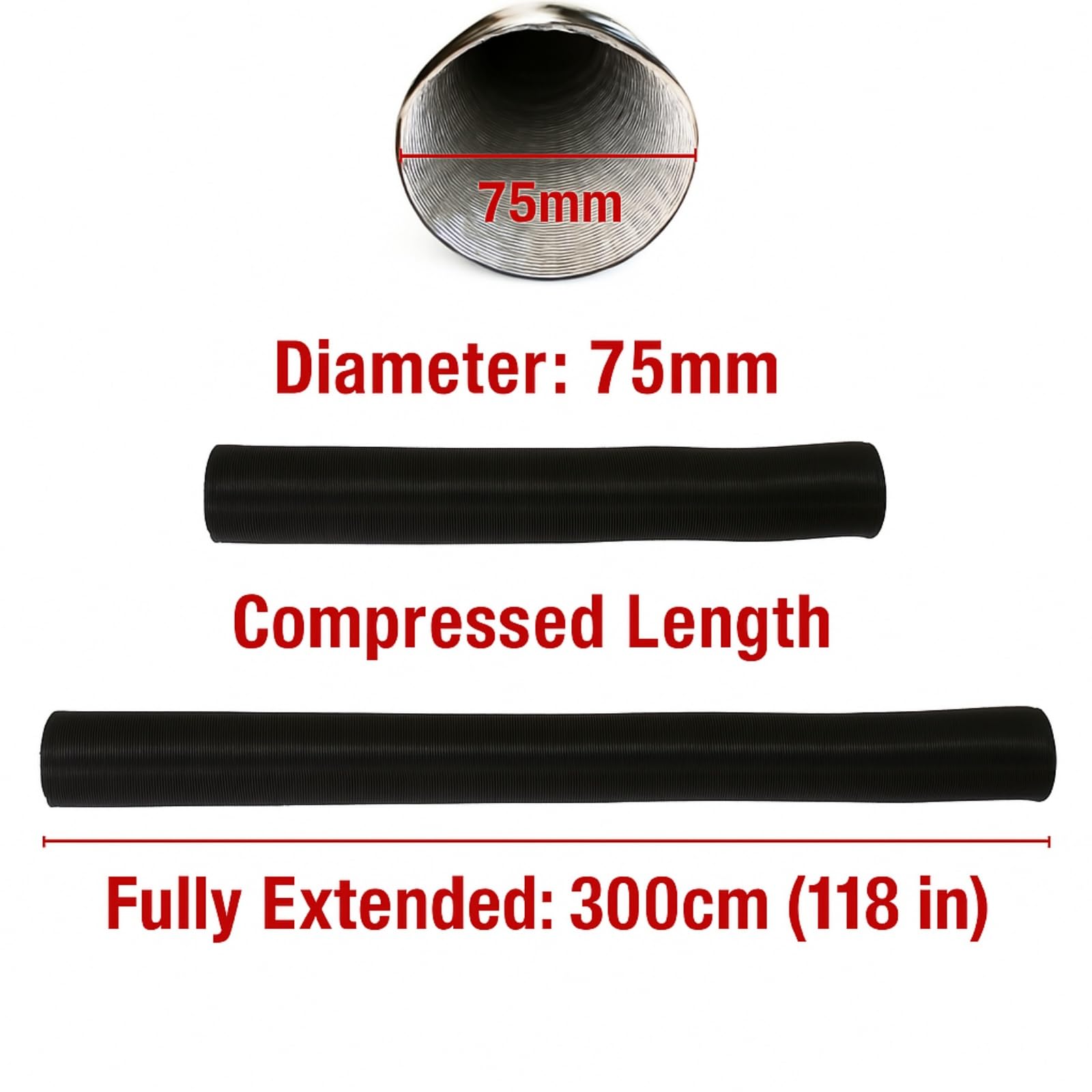 Tubo flexible de aluminio para calentador de coche, 300 cm de largo, 75 mm