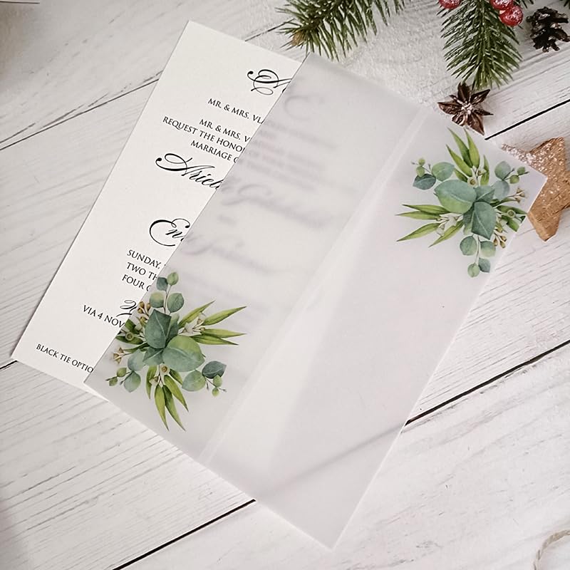 Zaproszenie na ślub Karty welinowe, 50 sztuk/partia akwarela kwiatowy zieleń zaproszenie na ślub okładka karty SemiInvites kurtka Wrap(Flower 06)