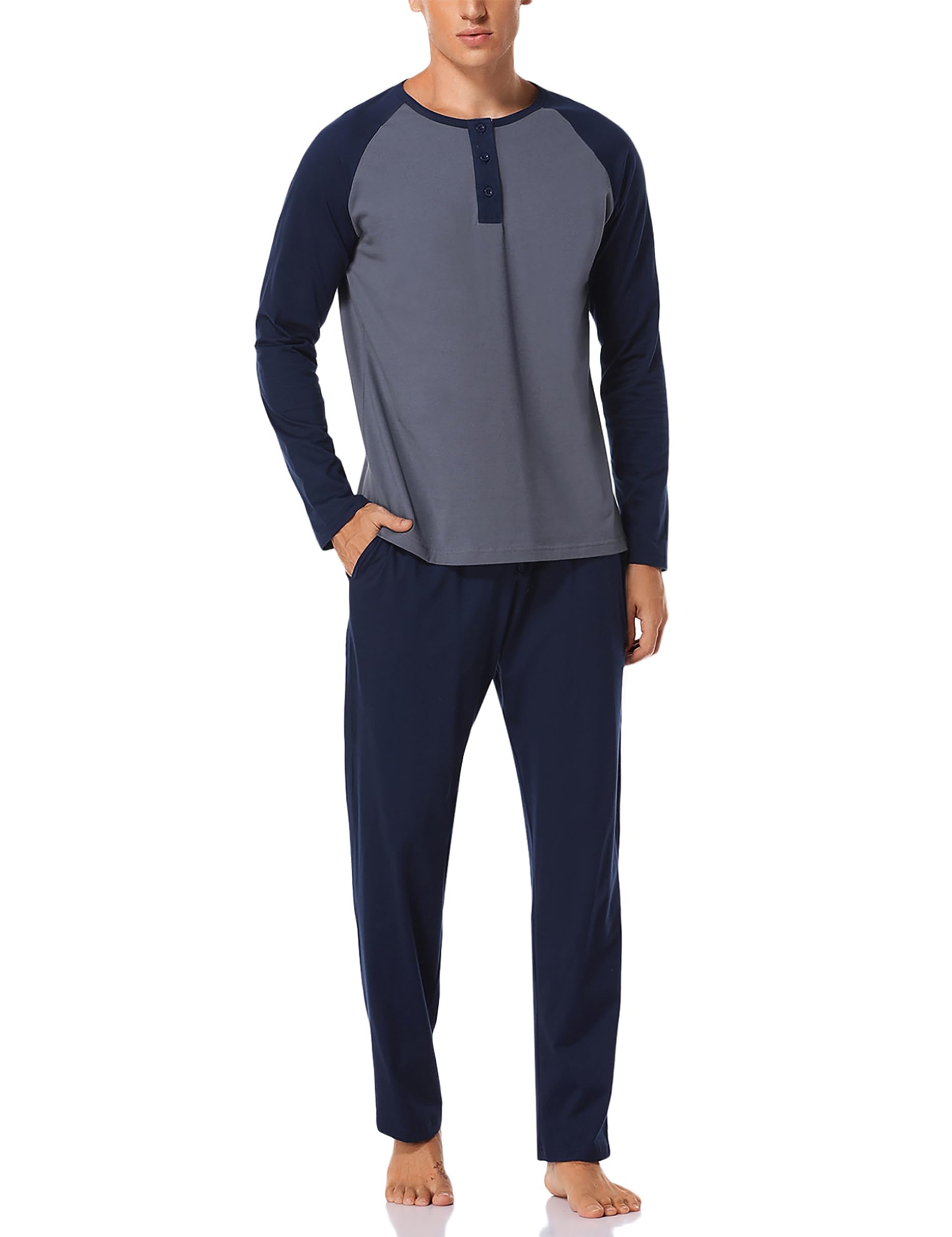 Migcaput Pigiama Cotone da Uomo Set Lungo Comodo Pigiami Due Pezzi da Uomo Pigiama Manica Lunga Pigiama con Tasche con Bottoni