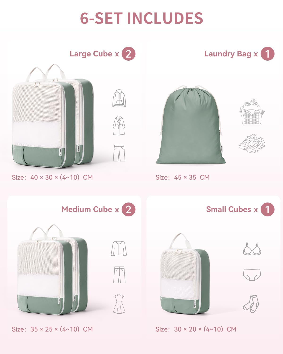 Narwey 5 Pièces Organisateur Valise, Sac Compression Voyage, Compression Packing Cubes, Organisateur Valise Compressible, Cube de Rangement, Organiseurs de Bagage (Vert)