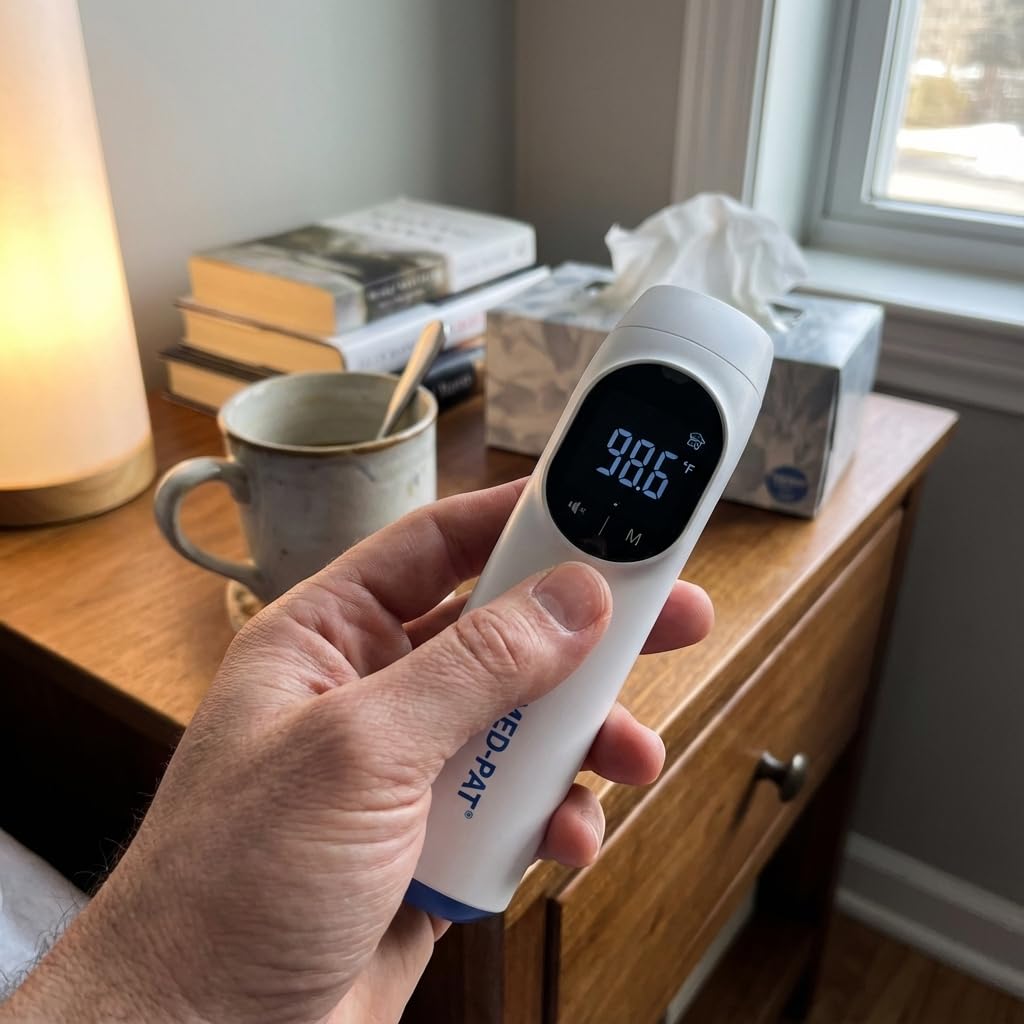 Med-Pat TH-1 - Termometro digitale touchless a infrarossi, risultato in 1 secondo, per bambini, adulti, allarme febbre temperatura, colore HD, modalità fronte e orecchio, luce automatica e modalità