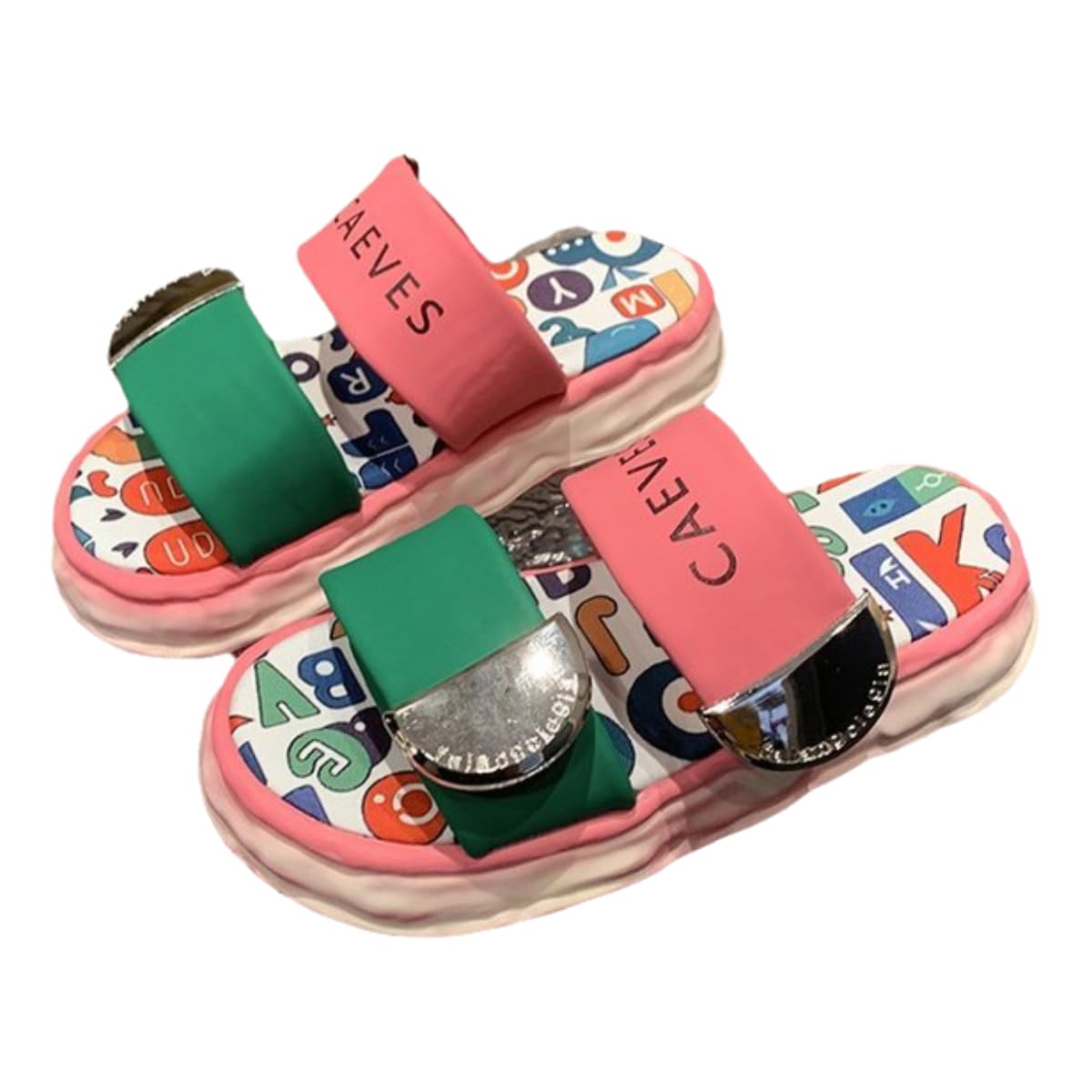 FRHDTVFN CAEVES Summer Slides, Colorful Print Platform Sandals, Pink and Green Straps, Casual Beach Slippers