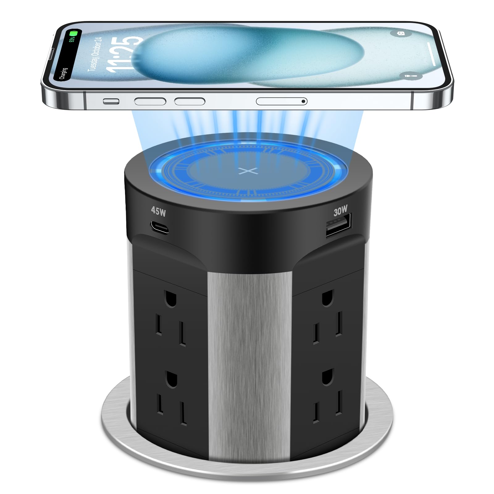 Pop Up Outlet for Countertop, 15W Wireless Charger PD 45W, 2 USB-A & 2 USB-C & 8AC Outlets 15A Tamper Resistant, 4-inch Island Kitchen Pop Out