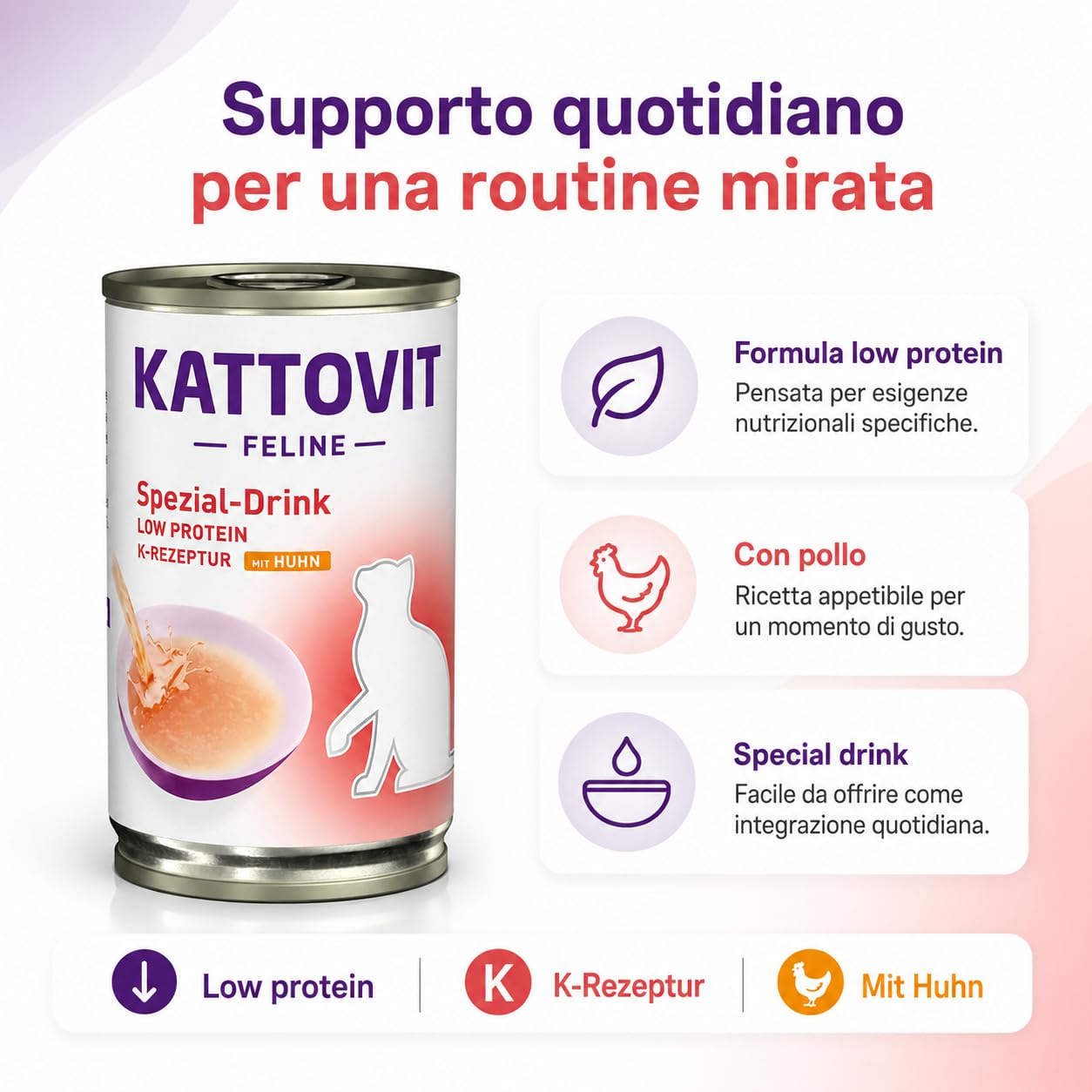 Kattovit Renal Drink Pollo per Gatti Adulti 12 x 135 ml, Bevanda Complementare con Succo di Carne e Filetto di Petto di Pollo, Supporto Liquidi e Benessere Renale