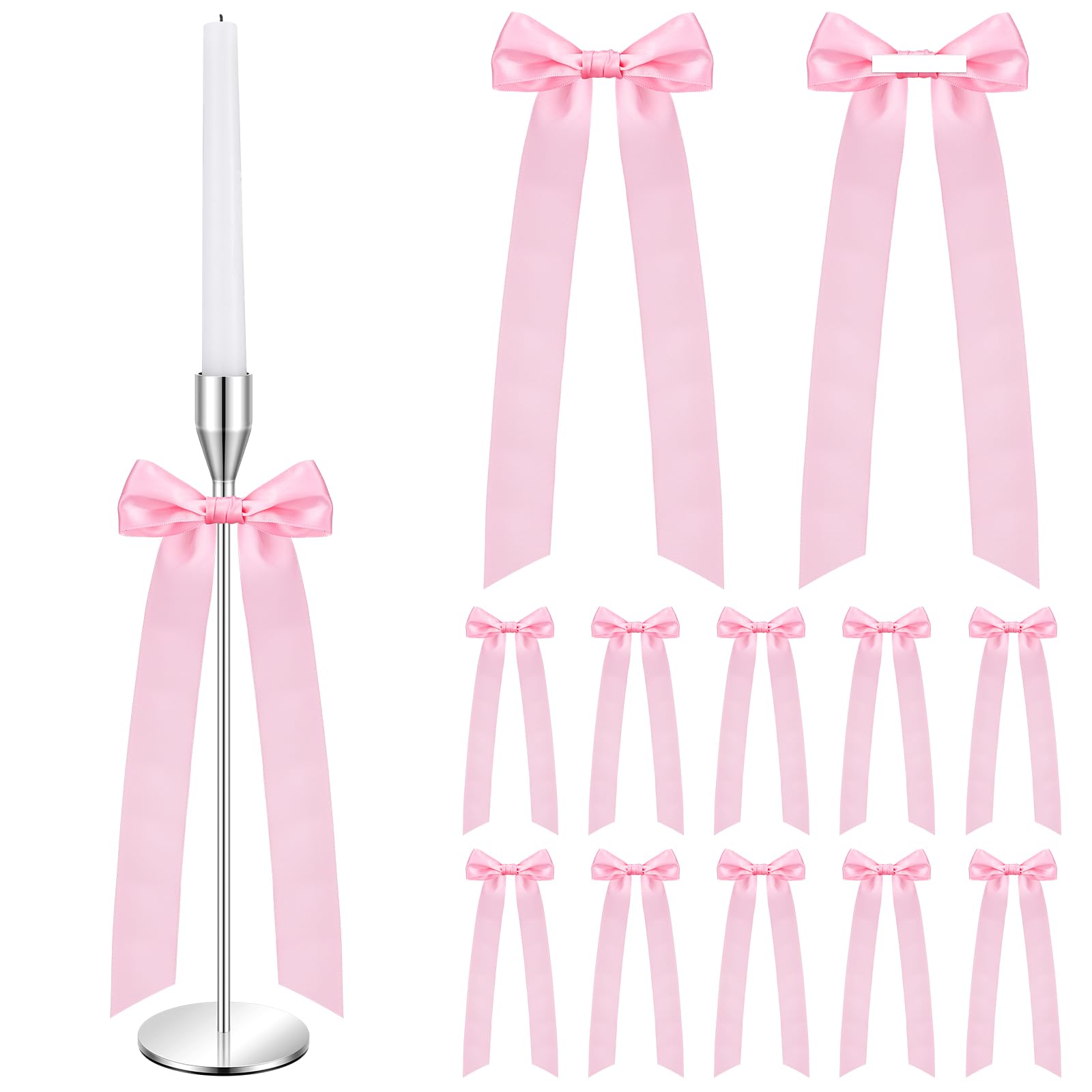 Teenyyou 12 Pcs Pink Candlestick Bows Decor 13 Inch Large Coquette Decorations Bows for Table Self Adhesive Candle Holder Gift Wrapping Wedding Bridal Shower Bachelorette Party Centerpieces