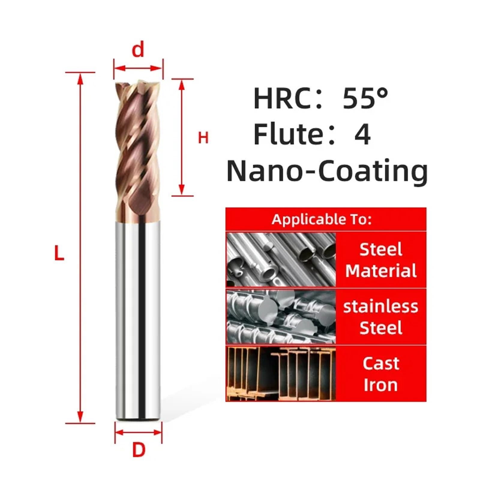 Fresas de extremo de carburo, fresa CNC de aleación, herramientas de torno de Metal, brocas de enrutador de acero de tungsteno, fresa plana inoxidable, 1 Uds.(D12xD12x100L)