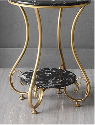 Miniatura 2 de Mesa de Centro - Mesa auxiliar redonda con estante moderna de 2 niveles con parte superior de mármol, mármol sintético y patas de metal resistentes,