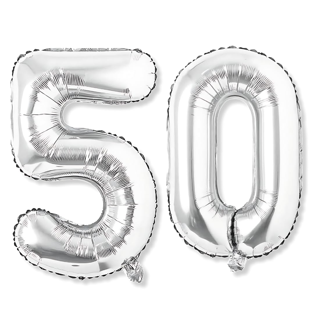 Flyloons 50 number Silver Foil Balloon 16 inch Size Birthday Decoration Items Pack of 2 | 50th Year Balloons | Fifty