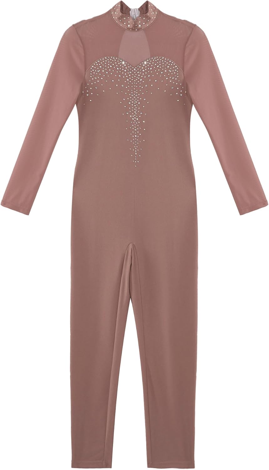 FEESHOW Kids Girls Full Body Long Sleeve Gymnastics Unitards Sparkly Dance Bodysuit One Piece Figure Skating Jumpsuit