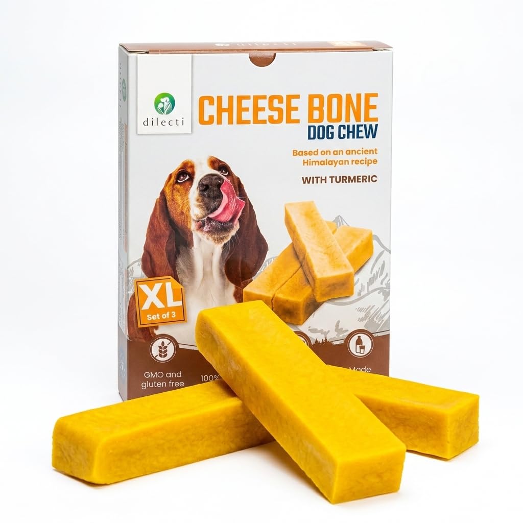 Dilecti Natural Dog Chews with Turmeric – Long Lasting Cheese Bones, Dog Treats for Dental Care, Yak Chews for Dogs (XLarge, set of 3)