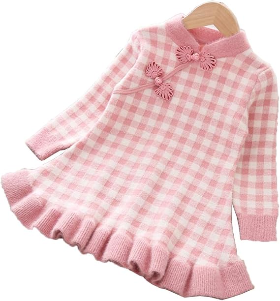 Amazon もうほうきょう 子供服 長袖 ニット ワンピース キッズ服 ドレス ベビー服 女の子 チャイナワンピース チェック柄 中華風 民族風 春 秋 冬 入学式 卒業式 結婚式 80 1cm ワンピース チュニック 通販