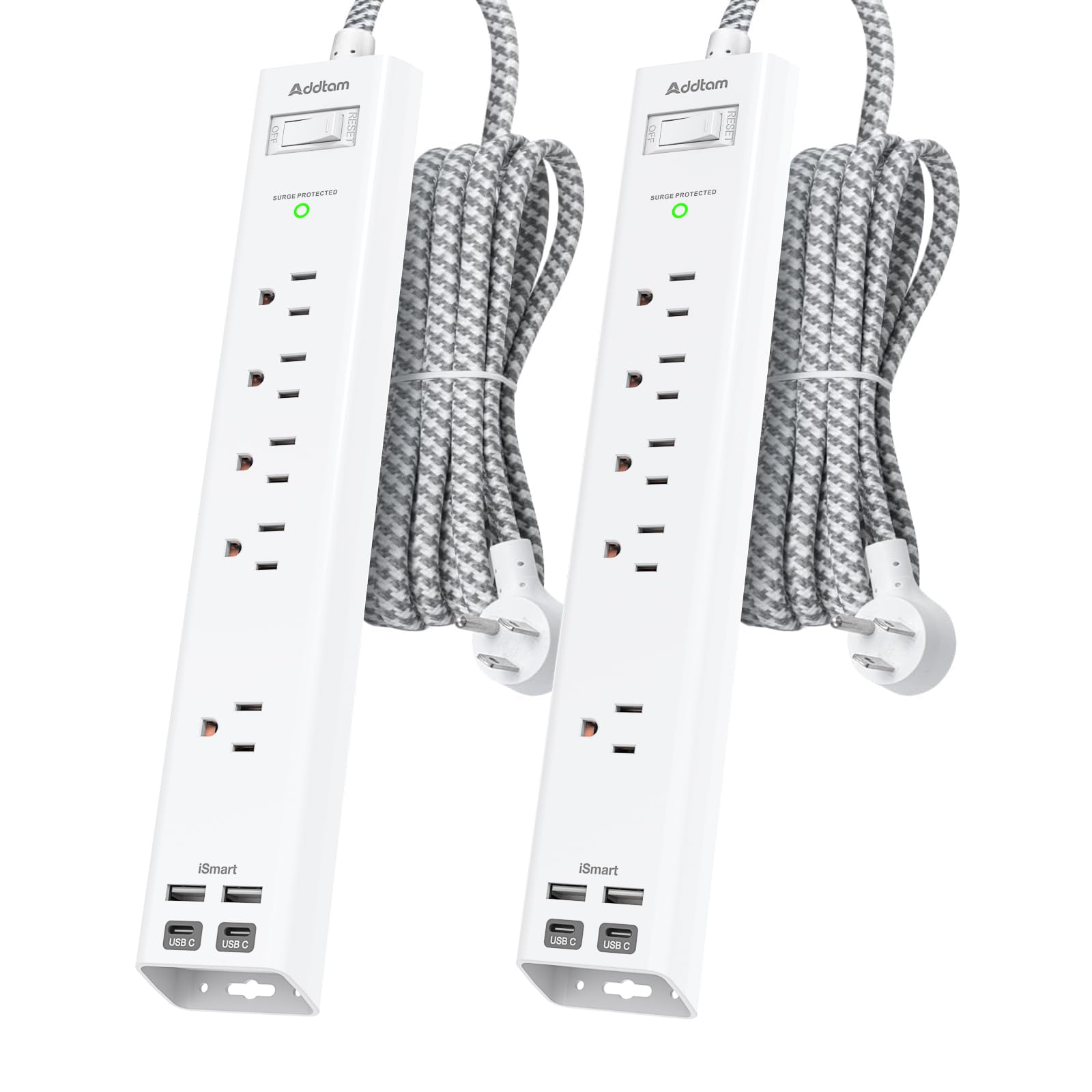2 Pack Power Strip Surge Protector - 5 Widely Spaced Outlets 4 USB Charging Ports, 1875W/15A with 6Ft Braided Extension Cord, Flat Plug, Overload Surge Protection, Wall Mount for Home Office,White 6 FT