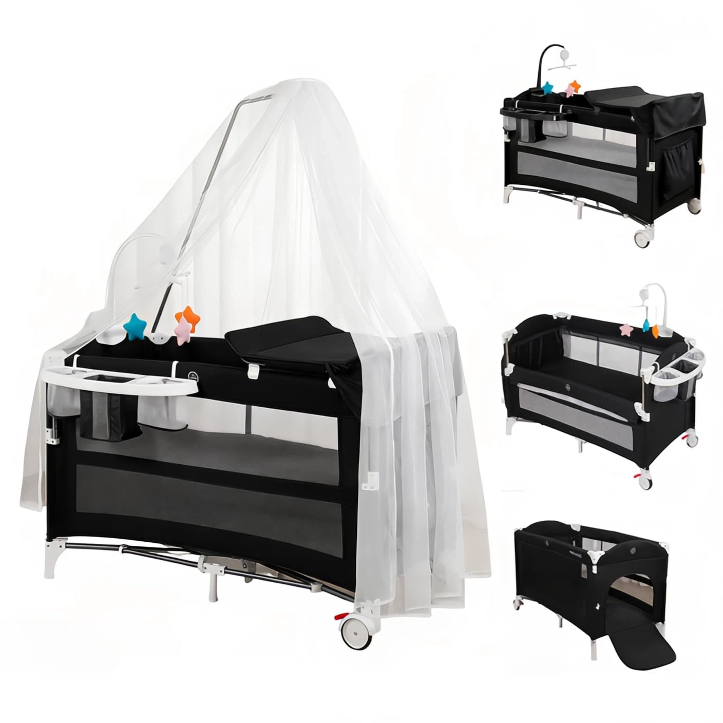 Lettino convertibile 3 in 1 con tavolo per pannolini, lettino portatile, lettini da comodino, struttura in metallo, 125 x 65 x 76 cm, include materasso, zanzariera, scaffale per giocattoli