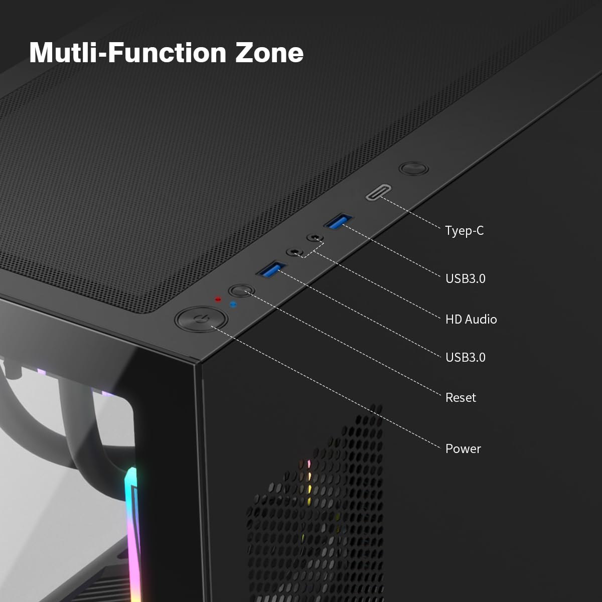 RUIX OV603 ATX Mid-Tower PC Case, spaziosa custodia da gioco ad alto flusso d'aria con 4 ventole PWM ARGB da 120 mm, porte USB 3.0 e tipo C, vetro temperato, custodia per computer di grande capacità