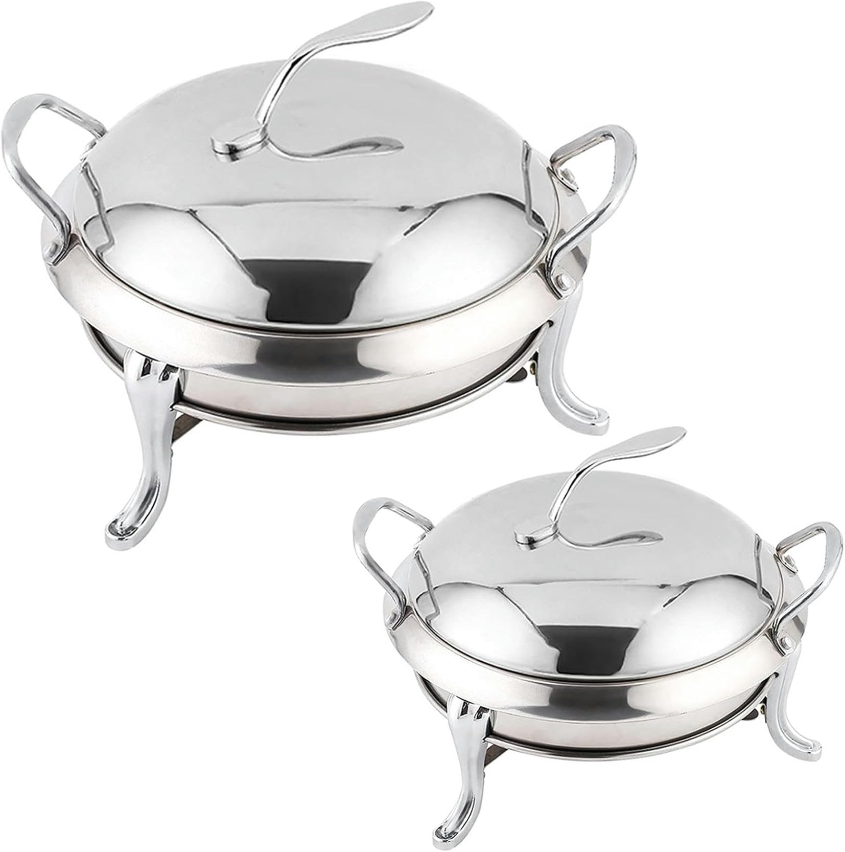 Chafing Dish 2er-Set, runder Buffet-Chafer aus Edelstahl für Catering, Party, Hochzeit, Abendessen, Servieren, Buffetwärmer in voller Größe mit Pfannen und Brennstoffhaltern (3 l),A
