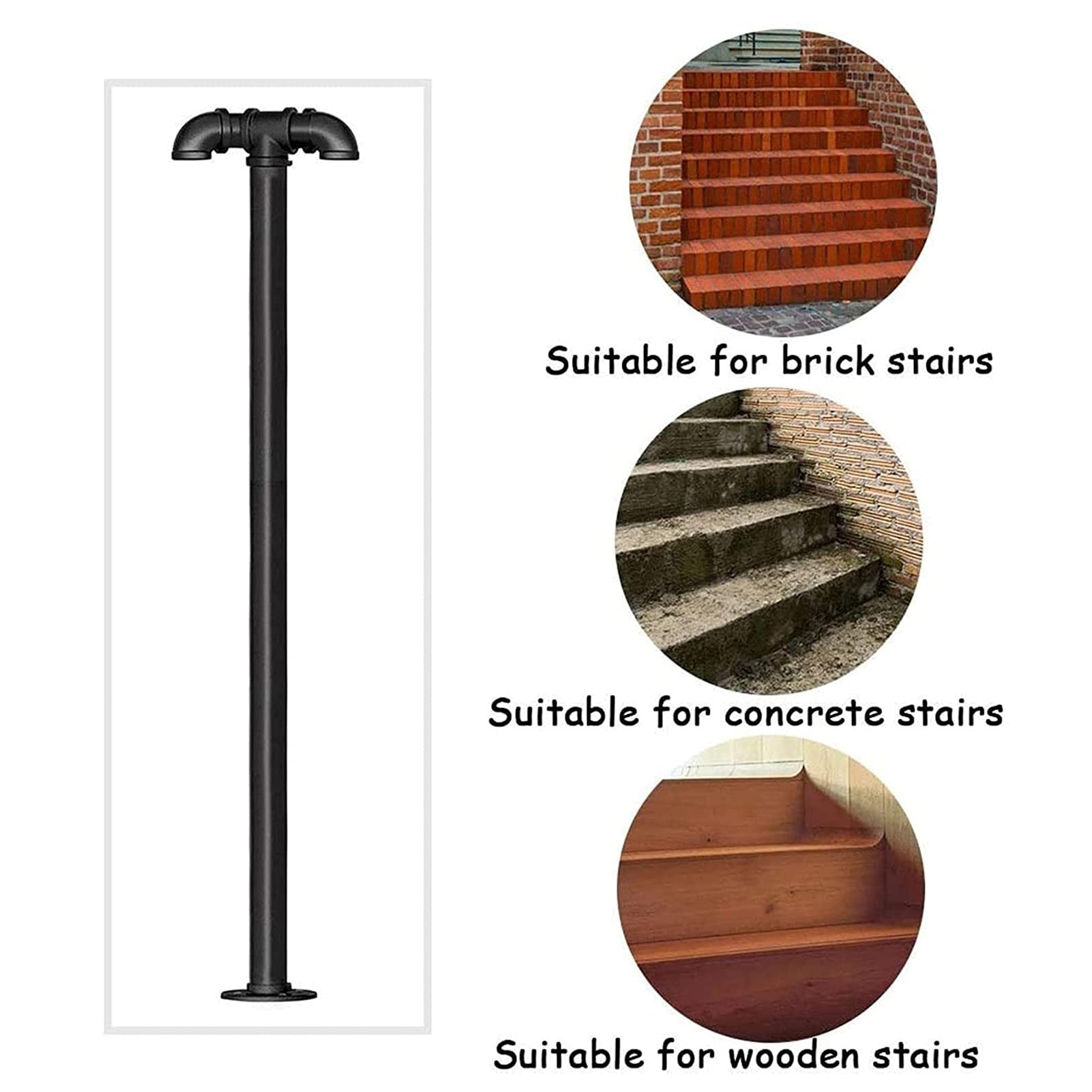 Pasamanos en Forma de T, Tubo de Acero Galvanizado, Base de Brida de Hierro Fundido, Fijado con Tornillos de Expansión, Adecuado para Instalación en Porche o Protección de Platafor