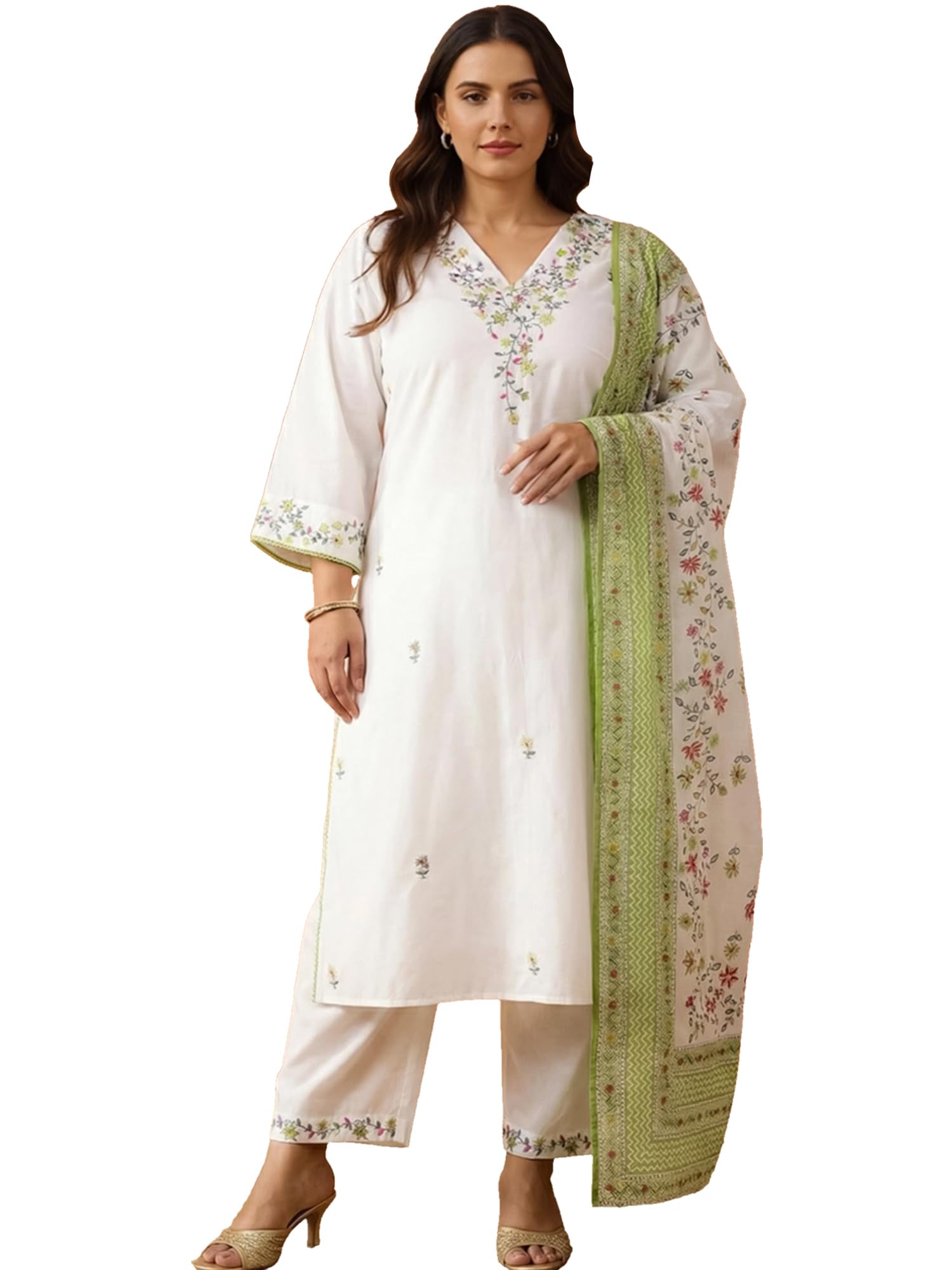 indo era Women's Pure Cotton Embroidered Straight Kurta & Pant With Dupatta Set (PSAI6720)-picture-11