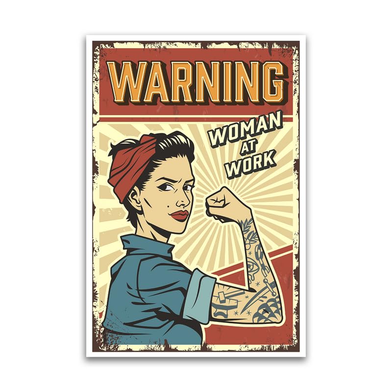 Warning Woman At Work Poster - Vintage Pinup Riveter Poster For Women Empowerment - 12 x 18 Inch Premium Gloss Poster - For Garages Dorms And Home Decor - Made in USA - FHJP0337