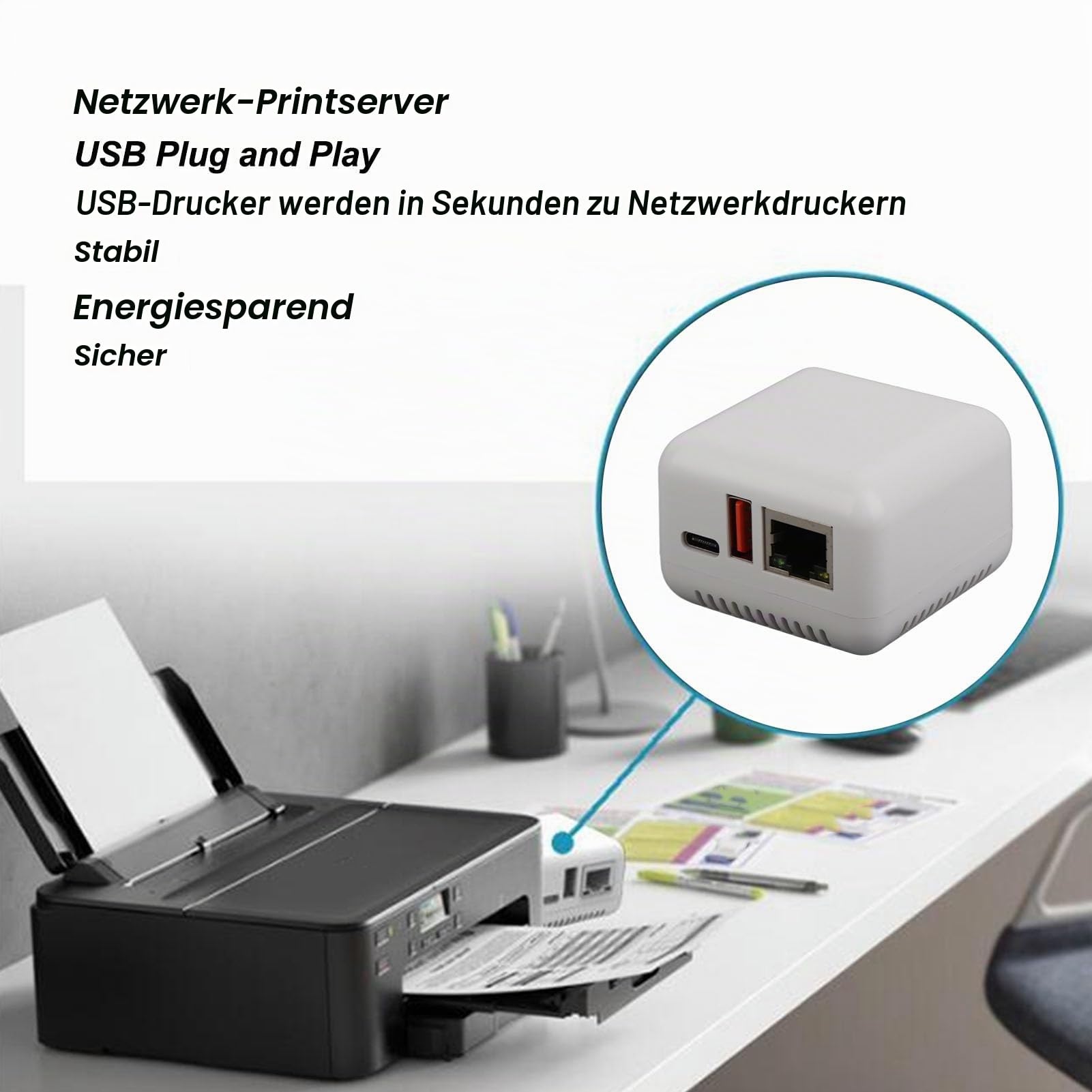 USB 2.0 Netzwerk Druckserver, LAN USB Druckserver Adapter mit Mehreren Schnittstellen, Verwandelt USB Drucker in Netzwerkdrucker, Gemeinsame Nutzung durch Mehrere Benutzer