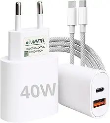 Carregador Tipo C Turbo 40W 9.1A Com Cabo USB-C Compatível com Android e IOS. Duas entradas: USB e USB-C Carga Rápida Tecnologia PD Power Duo - Premium