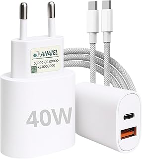 Carregador Tipo C Turbo 40W 9.1A Com Cabo USB-C Compatível com Android e IOS. Duas entradas: USB e USB-C Carga Rápida Tecnologia PD Power Duo - Premium