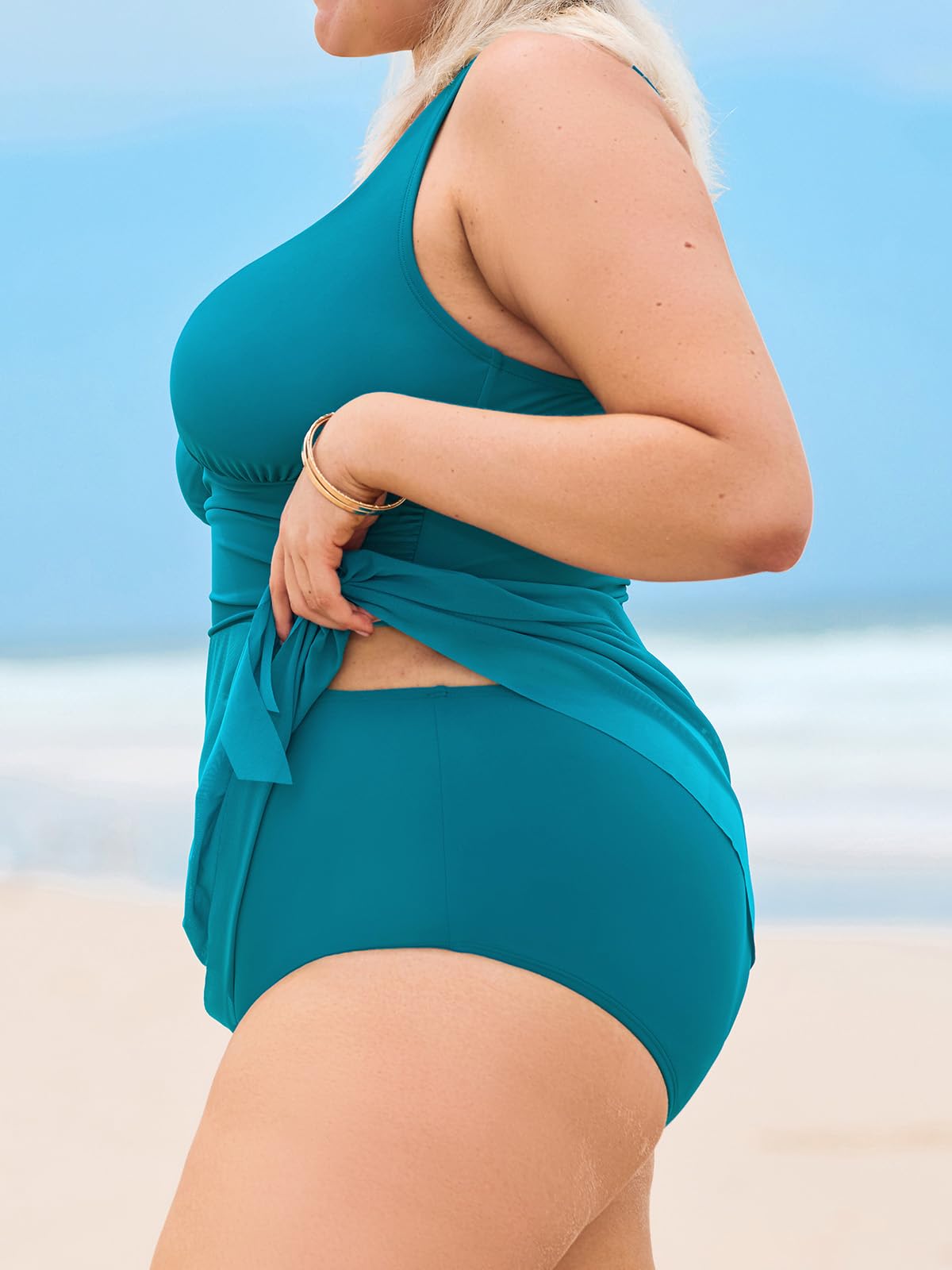 CUPSHE Conjunto de tankini para mujer, talla grande, traje de baño de dos piezas, cintura alta, cuello en V, malla fruncida, vestido de natación