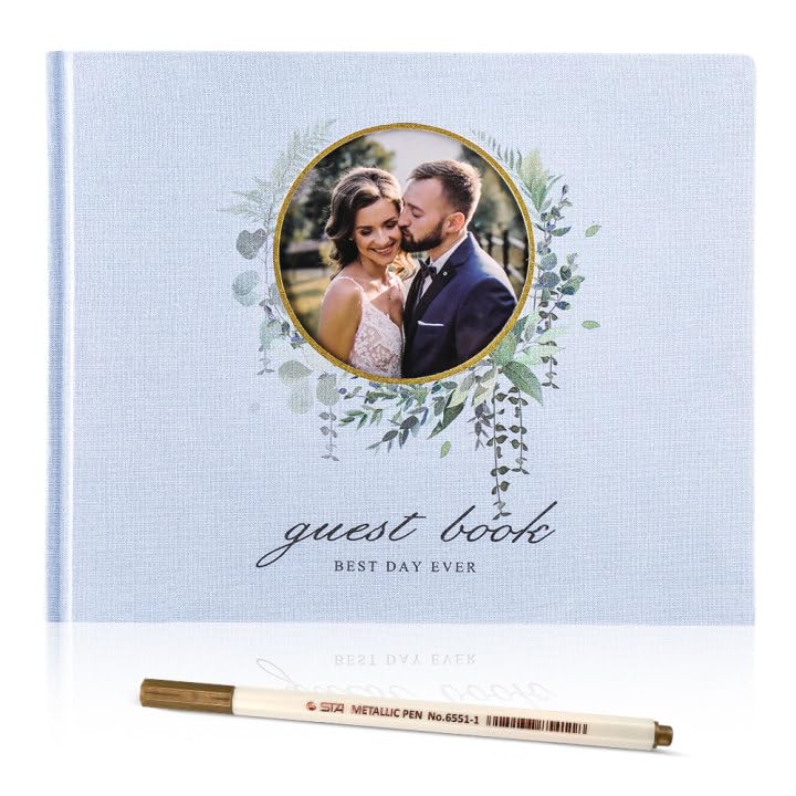 Molekaus Polaroid Guest Book - Wedding Reception 100 Pages, Thick Paper Hardcover 8" x 10", Personalized Gift with Pen, Photo Corner Protectors (Blue)
