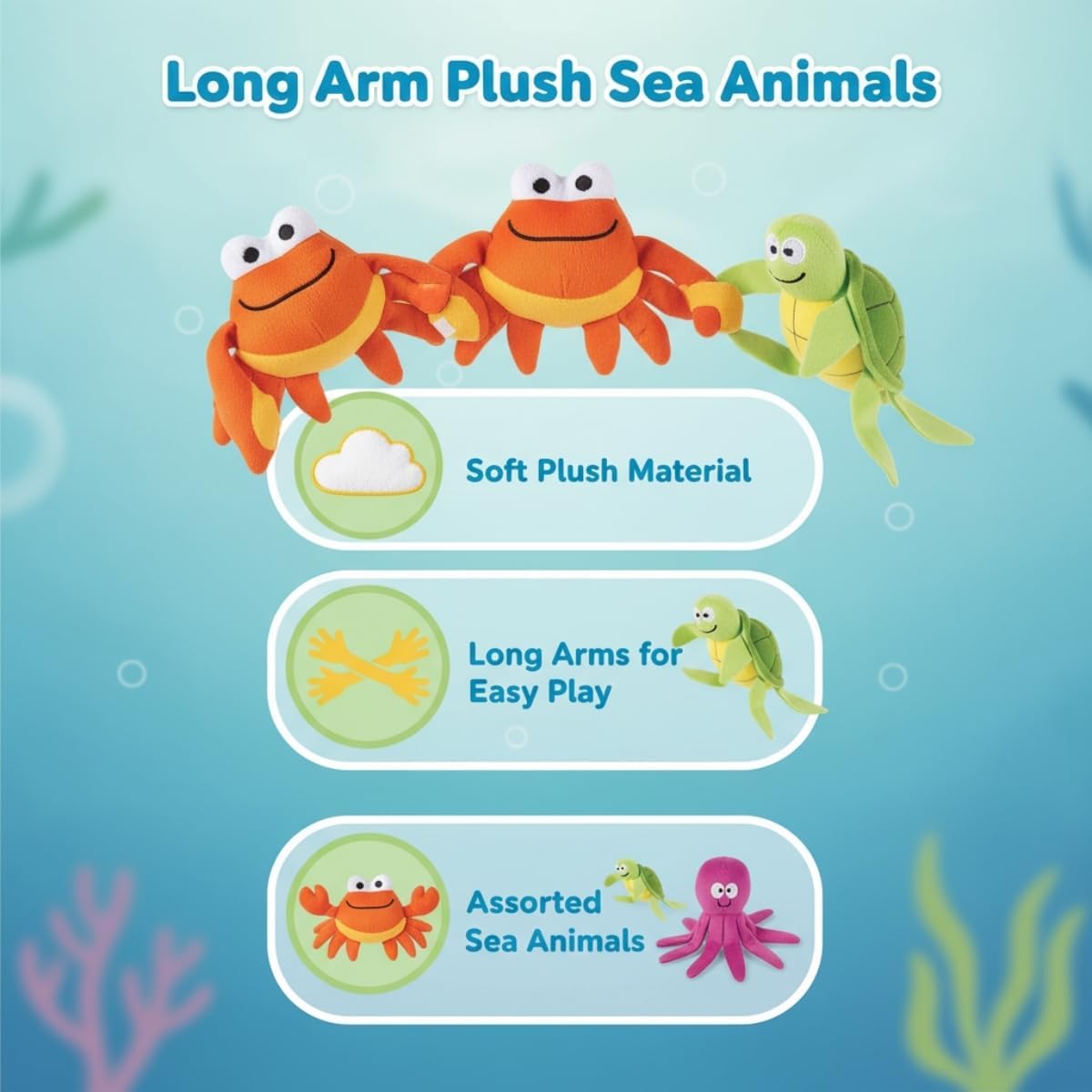 Fun Express Long Arm Plush Sea Animals Creatures - Set of 12 in Octopus, Shark, Crab and Sea Turtle - Party Favors and Toys - VBS Vacation Bible School Supplies/Decor