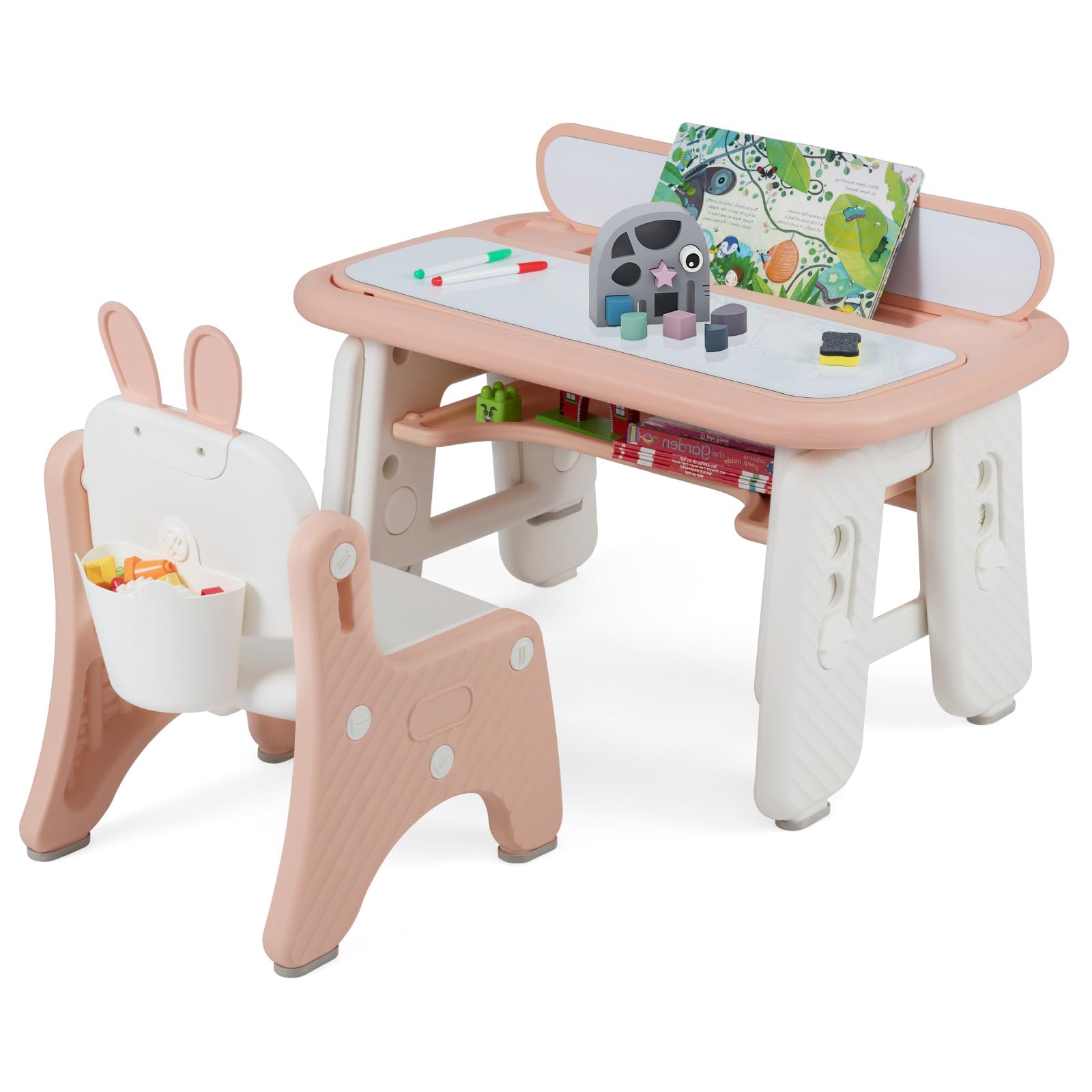 RELAX4LIFE 2 in 1 Set Tavolo e Sedia per Bambini con Lavagna Doppia Faccia Magnetica e Cancellabile, Altezza Regolabile, Cestello Portaoggetti, Tavolino per Bambini 1-12 Anni (Rosa)
