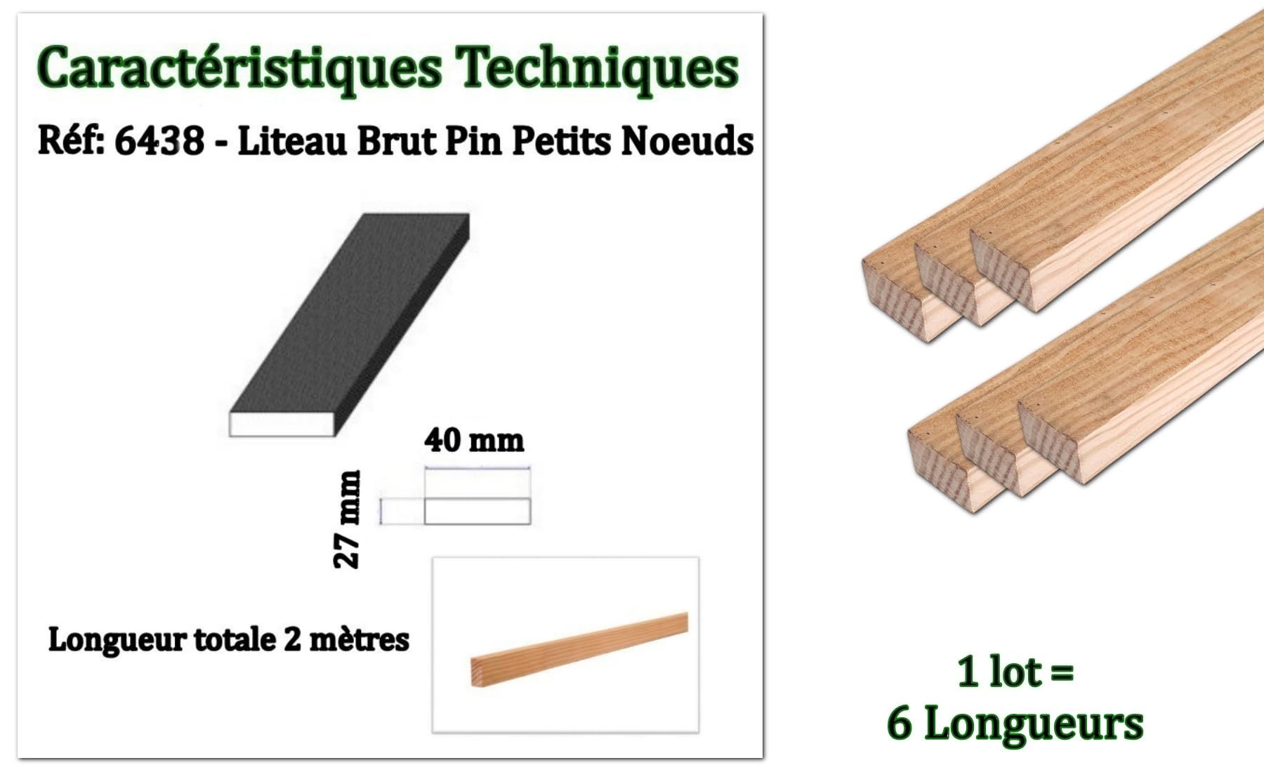 MadeInNature - Juego de tiras de madera (2 metros, 2 unidades, 6 unidades, 27 x 40 mm, 2 lotes)