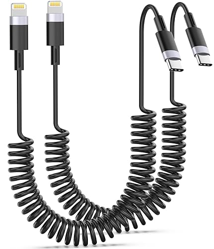 Cable USB C a Lightning Apple CarPlay de 3 pies, paquete de 2 unidades, cable Lightning en espiral, cable de carga para iPhone con certificación MFi