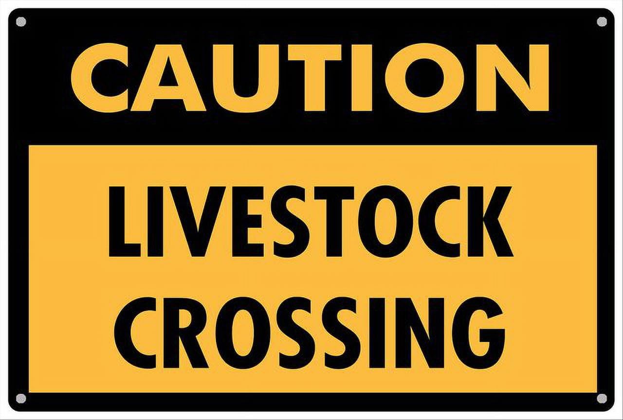 Caution Livestock Crossing Bright Yellow Aluminum Tin Sign 12"x8" For Farm Operators, Drivers - Home Kitchen Wall Decor