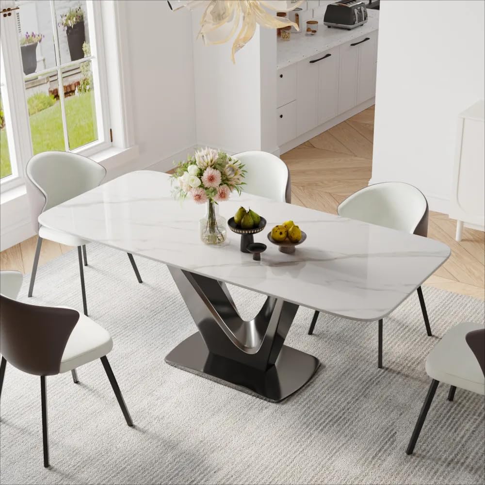 71" Modern Rectangular Dining Table for 6-8 People, Glossy White Sintered Stone Tabletop with Black Stainless Steel Base, Large Contemporary Kitchen