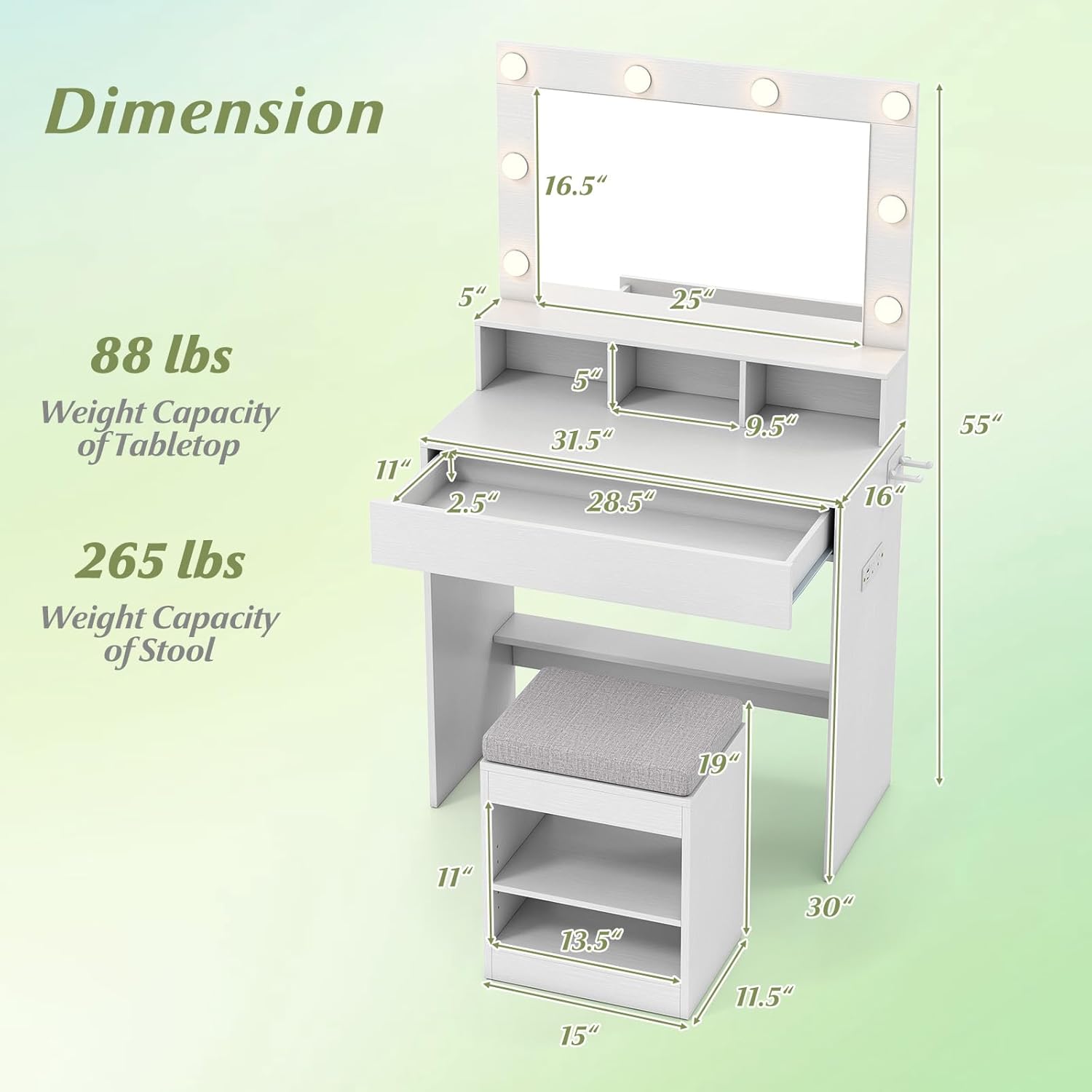 CHARMAID Vanity Desk with Mirror and Lights, White Makeup Vanity Set with Charging Station, Large Drawer & Shelves, Cushioned Stool with Storage, Modern Dressing Table for Bedroom Small Space