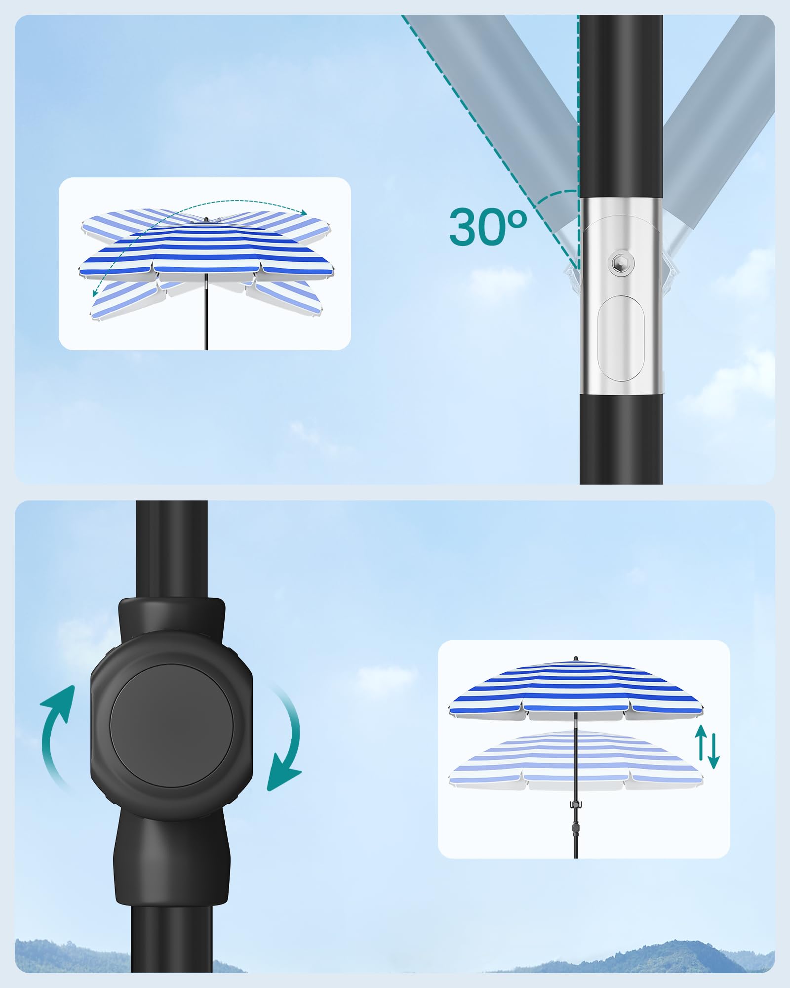 SONGMICS Parasol 160 cm, parasol plażowy, ochrona przeciwsłoneczna UPF 50+, składane boki 30°, regulacja wysokości, schowek, haczyki, nadaje się na plażę, bez stojaka, niebiesko-biały GPU0080Q02