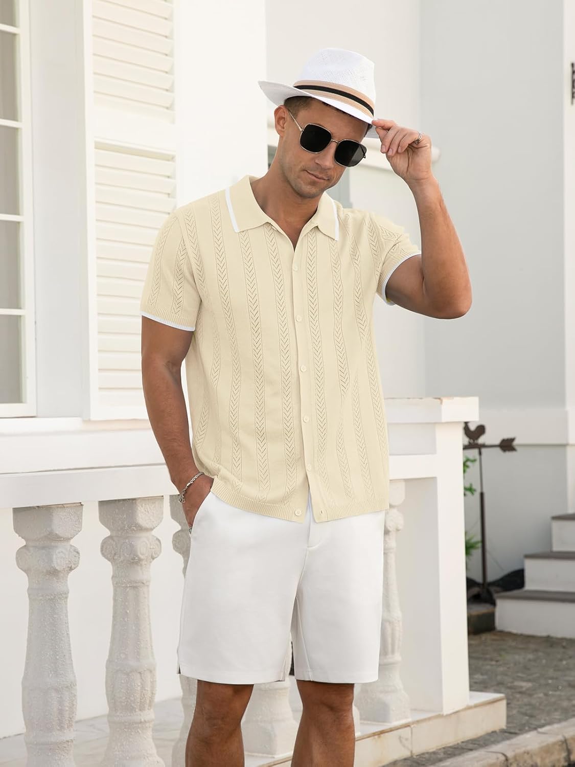 RQP Men's Casual Button Down Shirt Short Sleeve Vintage Clothes Knit Polo Shirts Summer Beach Shirts - Image 2