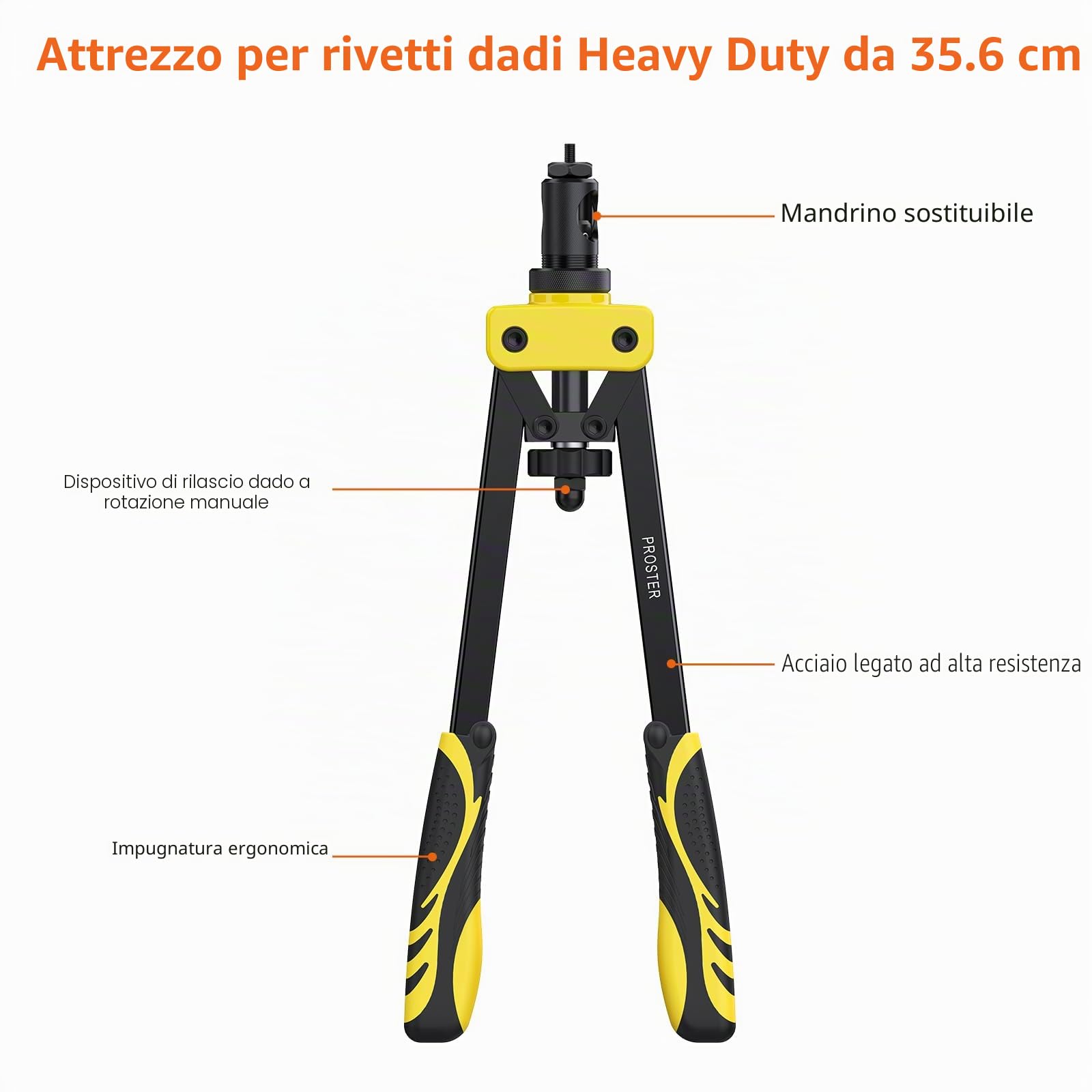 Proster 14" Rivettatrice Professionale a Doppia Impugnatura Kit Pistola a Rivetti con 6pz Mandrini Metrici Intercambiabili e 150pz Rivetti Dadi Filettati M3 M4 M5 M6 M8 M10-Giallo
