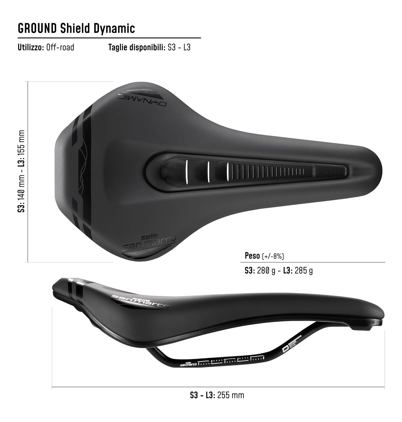 Selle San Marco GROUND Shield Dynamic – Sella MTB/Off-Road con Protezione Fango, Foro Centrale Open Fit, Telaio in Acciaio Manganese
