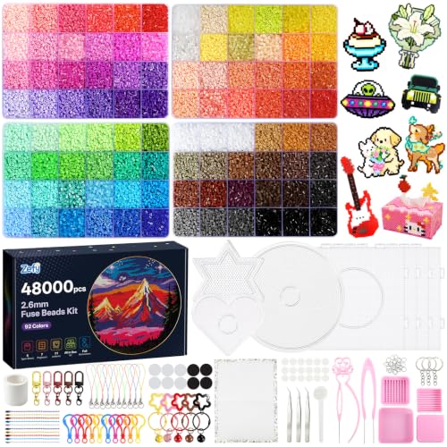 Zefy 48 000 Pcs Mini Fuse Beads Kit 92 Colors 2.6mm Melty Beads