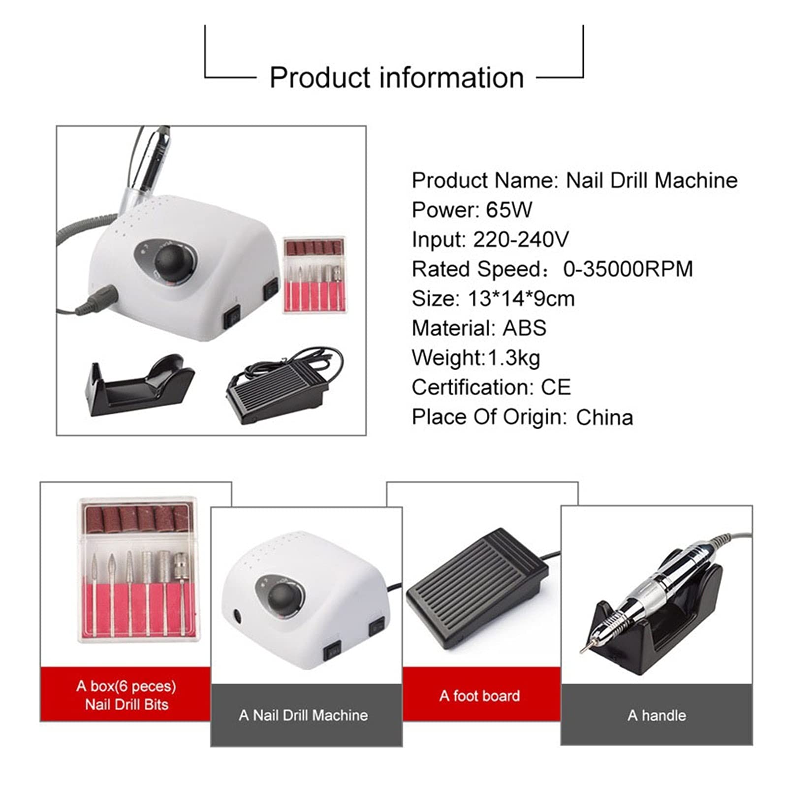 Perceuse à Ongles 35000 ROUPIR Machine de Forage à Ongles électrique Professionnel 65W Forte 210 Micromoteur Manucure Set Pedicure Fichier ongle Kit(Blanc)