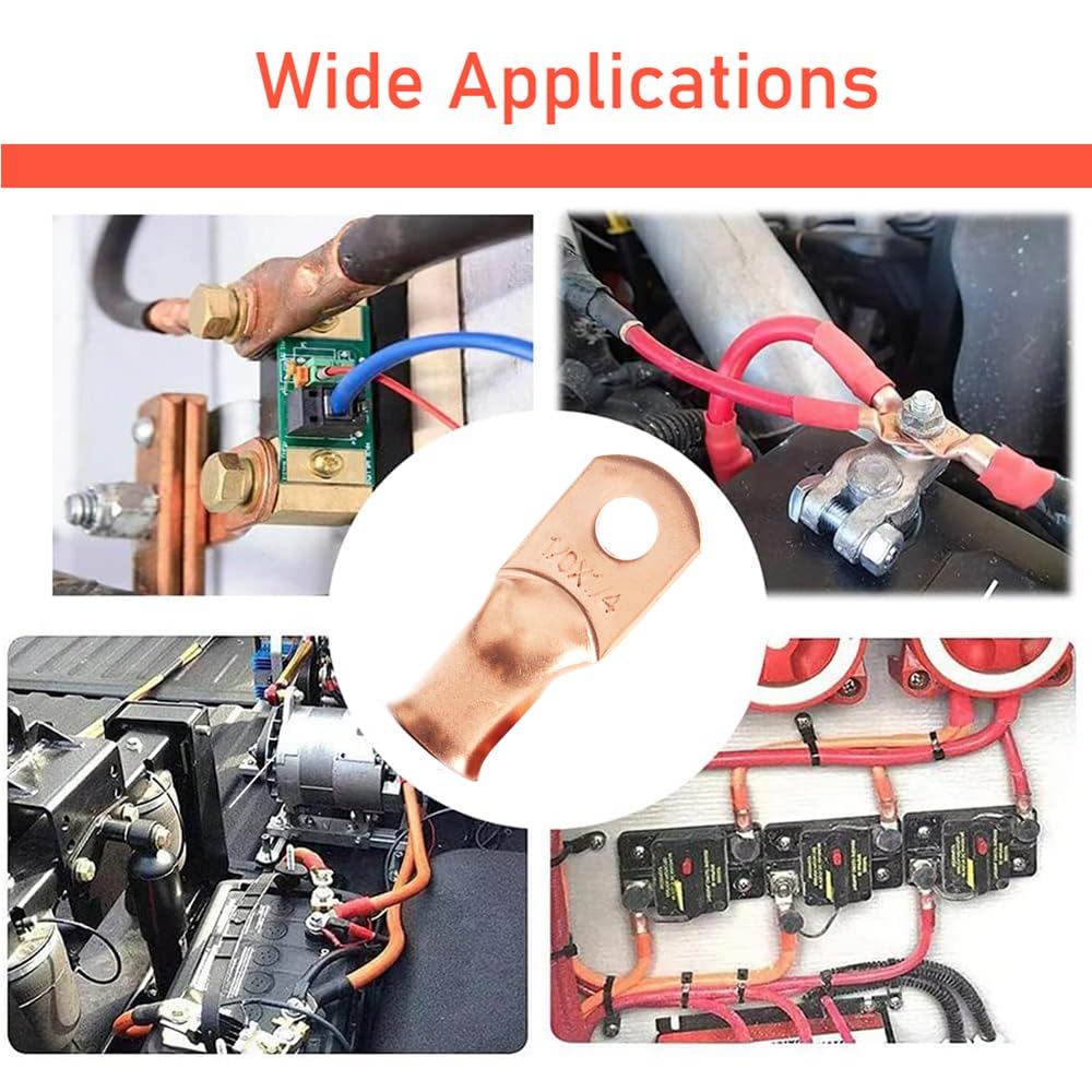 25pcs 1/0 AWG 1/4" Stud + 25pcs 1/0 AWG 1/2" Stud Battery Cable Lugs 1/0 Gauge Copper Ring Terminals 0 Gauge Copper Wire Lugs