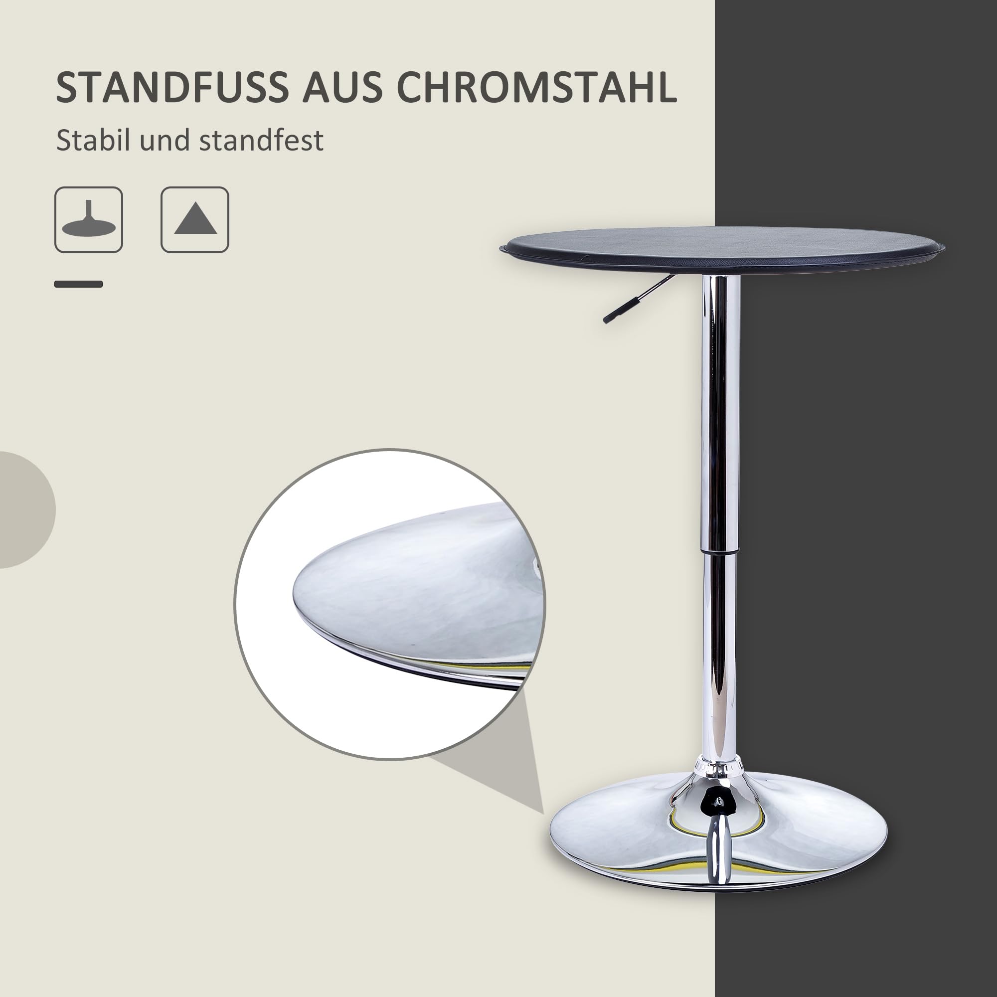 HOMCOM Bartisch Esstisch Stehtisch Tresentisch, Küchentisch für Wohnzimmer, Esszimmer, Chromstahl, Kunstleder, Schwarz, Ø63 x 67-93 cm